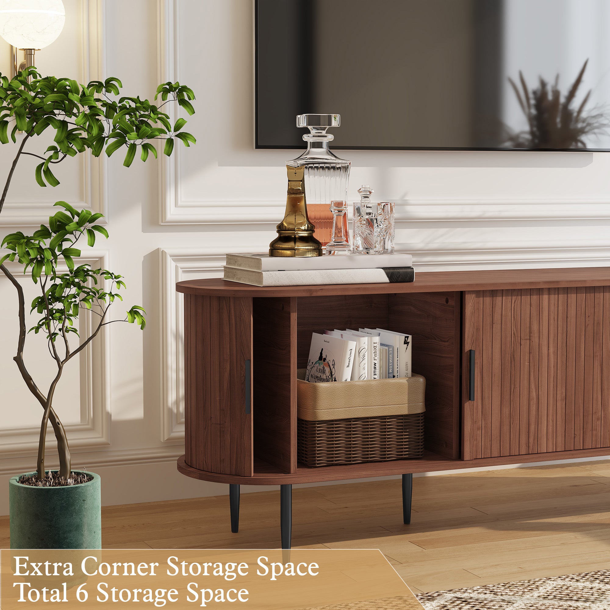 CBJCBJ 70" Modern Tambour Door TV Stand up to 80" TVs, Entertainment Center with Storage, Fluted Television Consoles for Living Room（Brown）