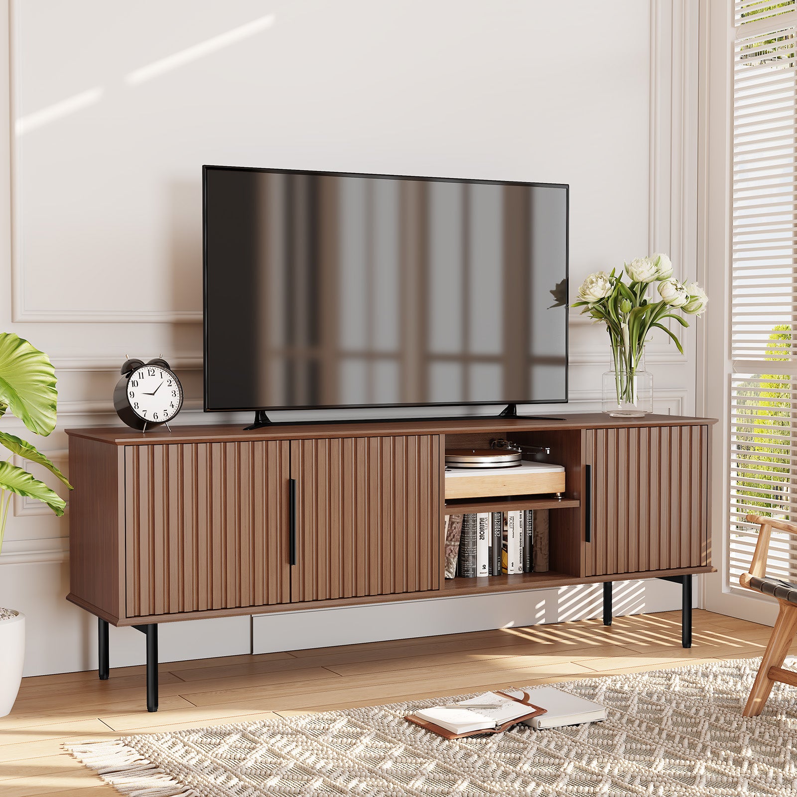 HLR Mid Century Fluted 66" TV up to 75" Stand with Storage, Modern Wooden Entertainment Center Console for Living Room, Brown