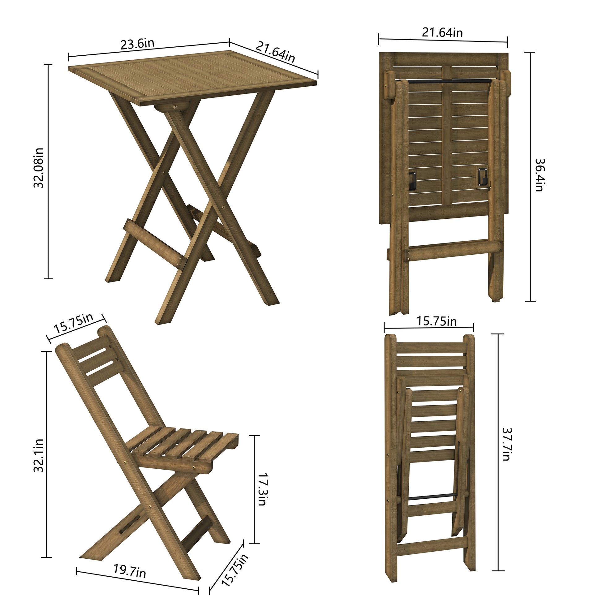HLR 3-Piece Folding Bistro Table and Chairs Set, Outdoor Patio Solid Wood Furniture Sets with Table Outdoor Garden, Brown