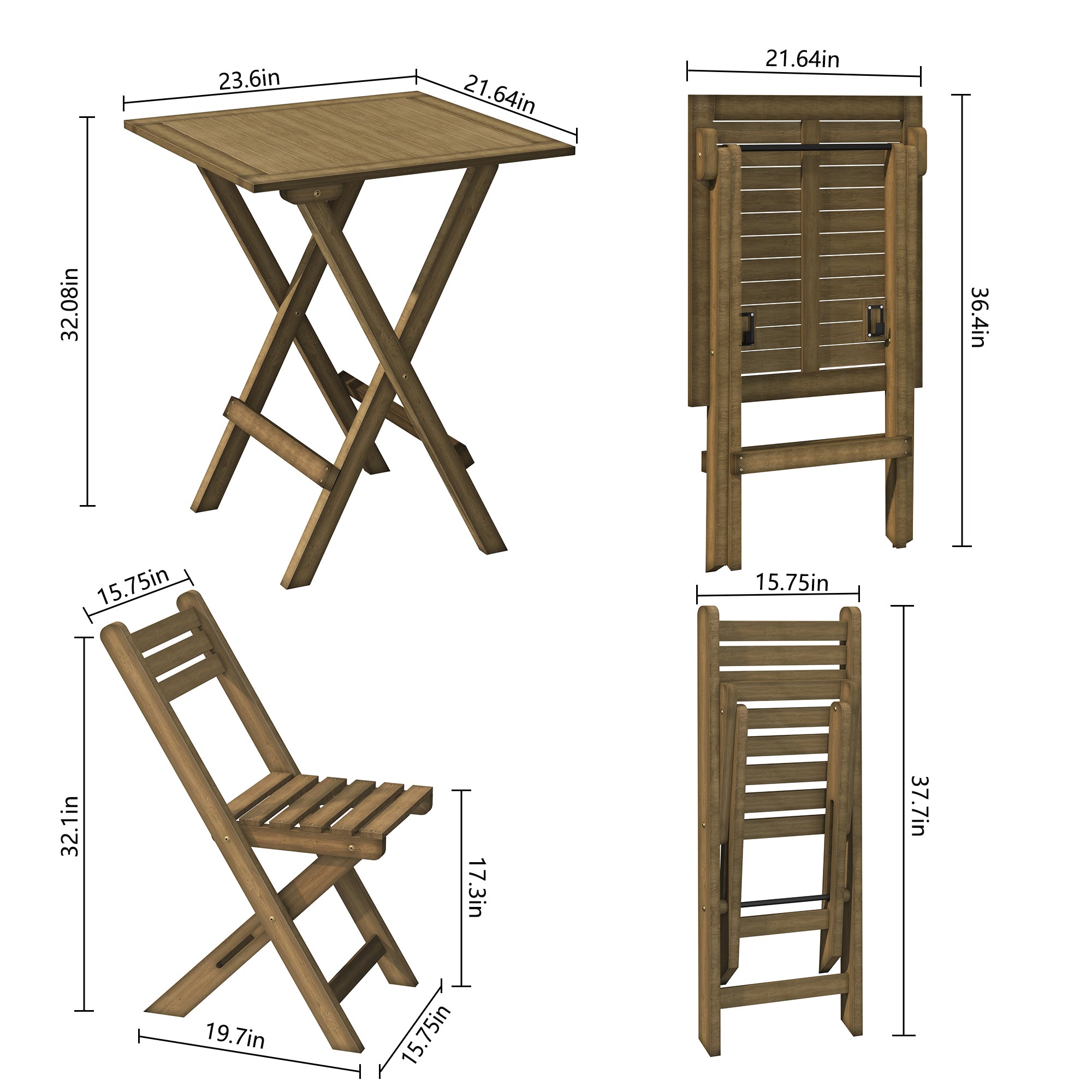 HLR 3-Piece Folding Bistro Table and Chairs Set, Outdoor Patio Solid Wood Furniture Sets with Table Outdoor Garden, Brown