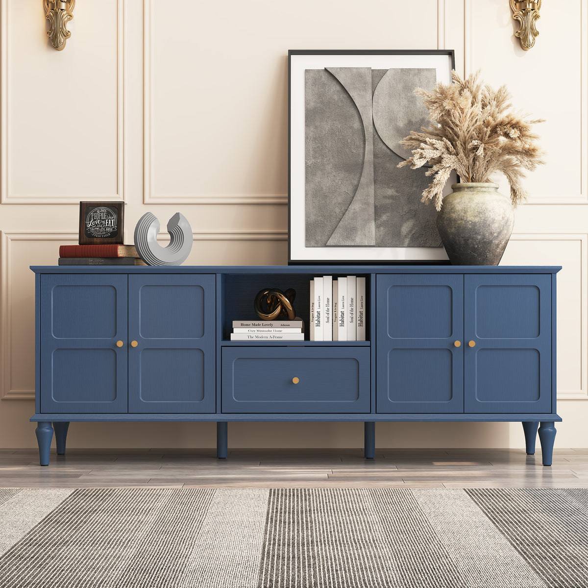 CBJCBJ 67"Mid-Century Modern TV Stand for TVs up to 75" ,Media Console With Storage and Adjustable Partition ,Blue