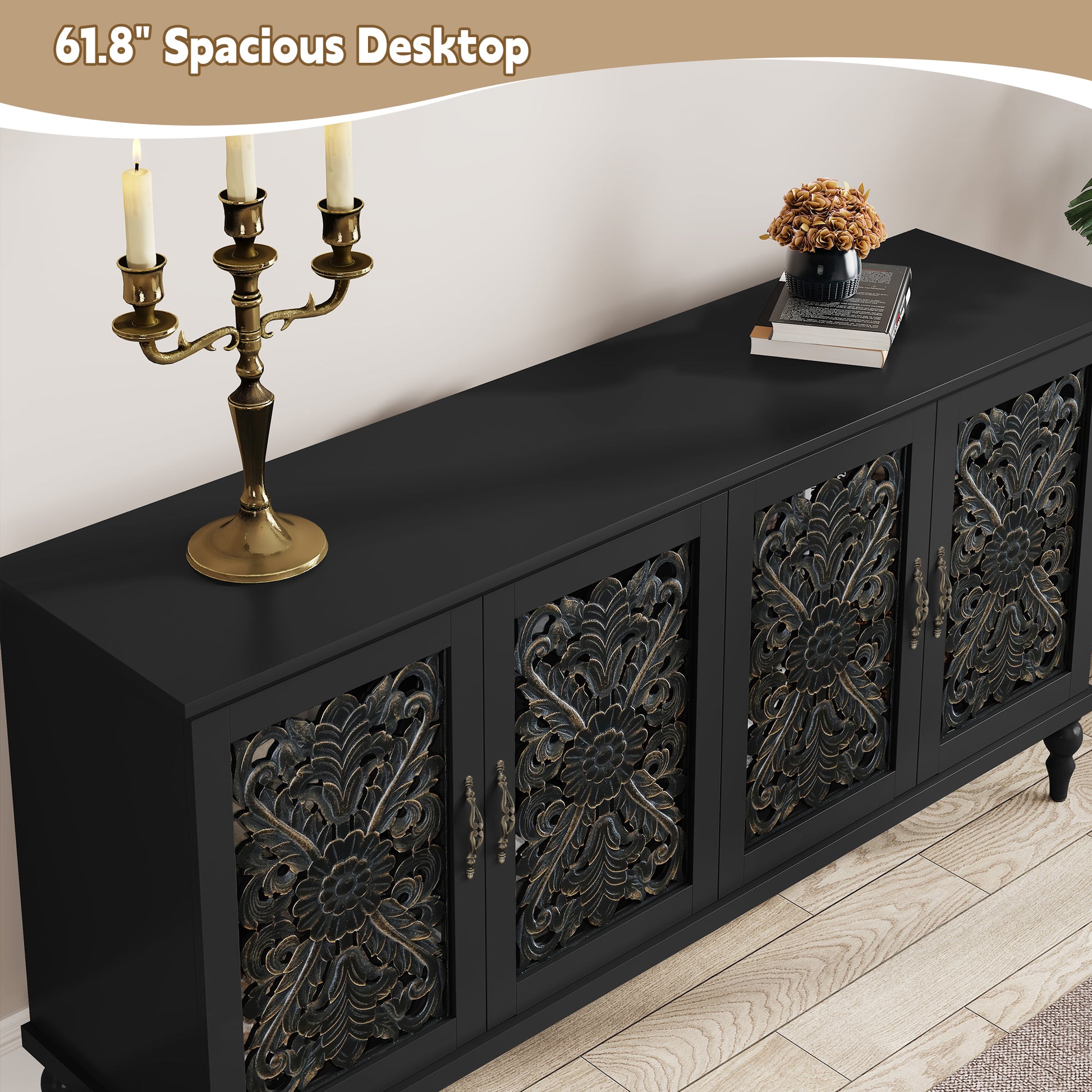 CBJCBJ Mid-Century Retro 62" Wood Openwork Carved 4 Door Sideboard Buffet Cabinet for Living Dining & Bedroom,Black