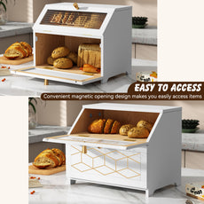 HLR Large Bread Box, Wood 2-layer Bread Box Storage for Kitchen Counter, with Bar Pattern Windows, White