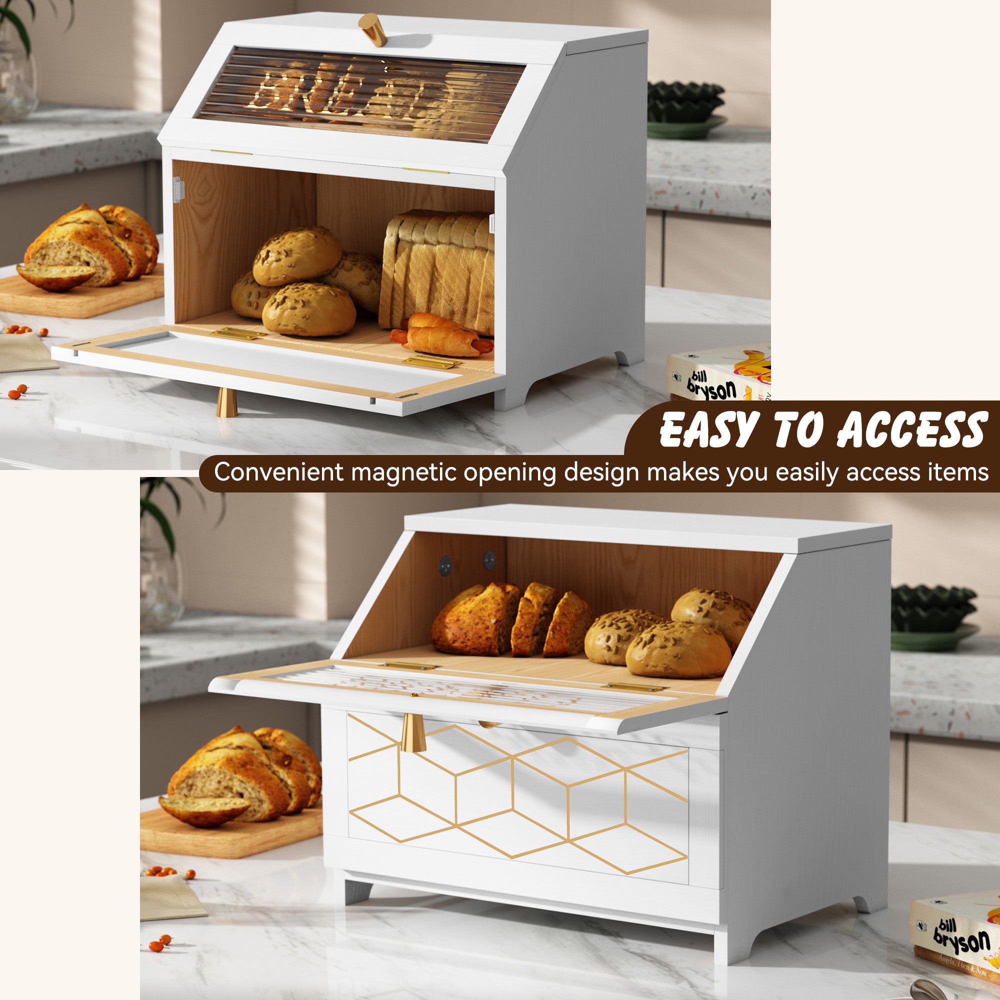 HLR Large Bread Box, Wood 2-layer Bread Box Storage for Kitchen Counter, with Bar Pattern Windows, White