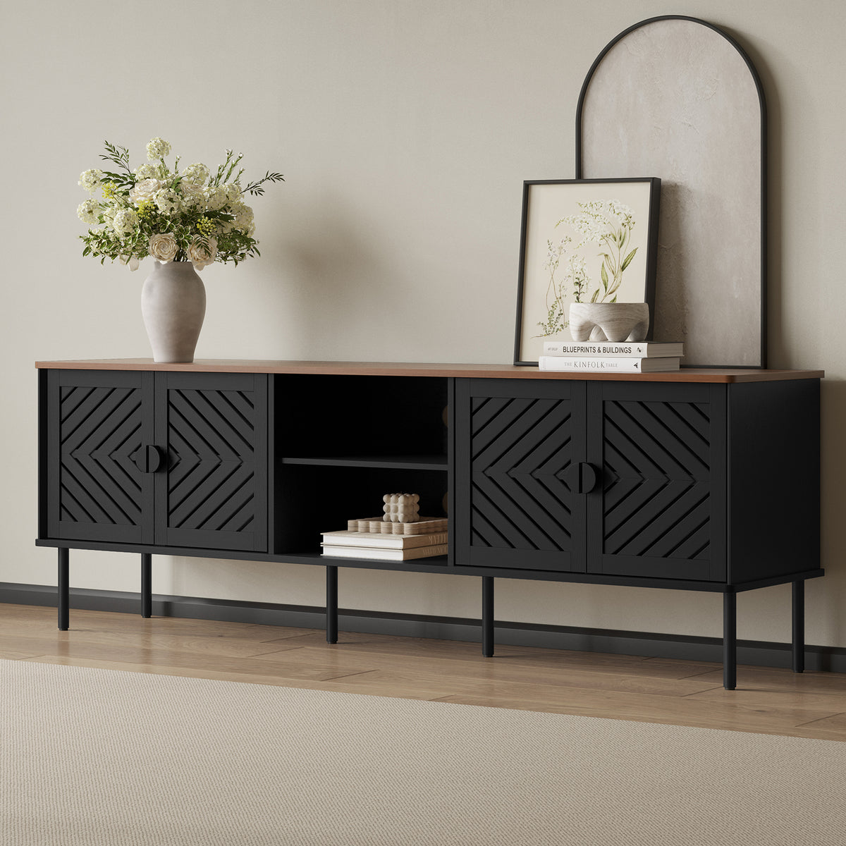 HLR Mid Century Modern 70" Large TV Stand for 80 Inch TV, Entertainment Center with Storage, Black