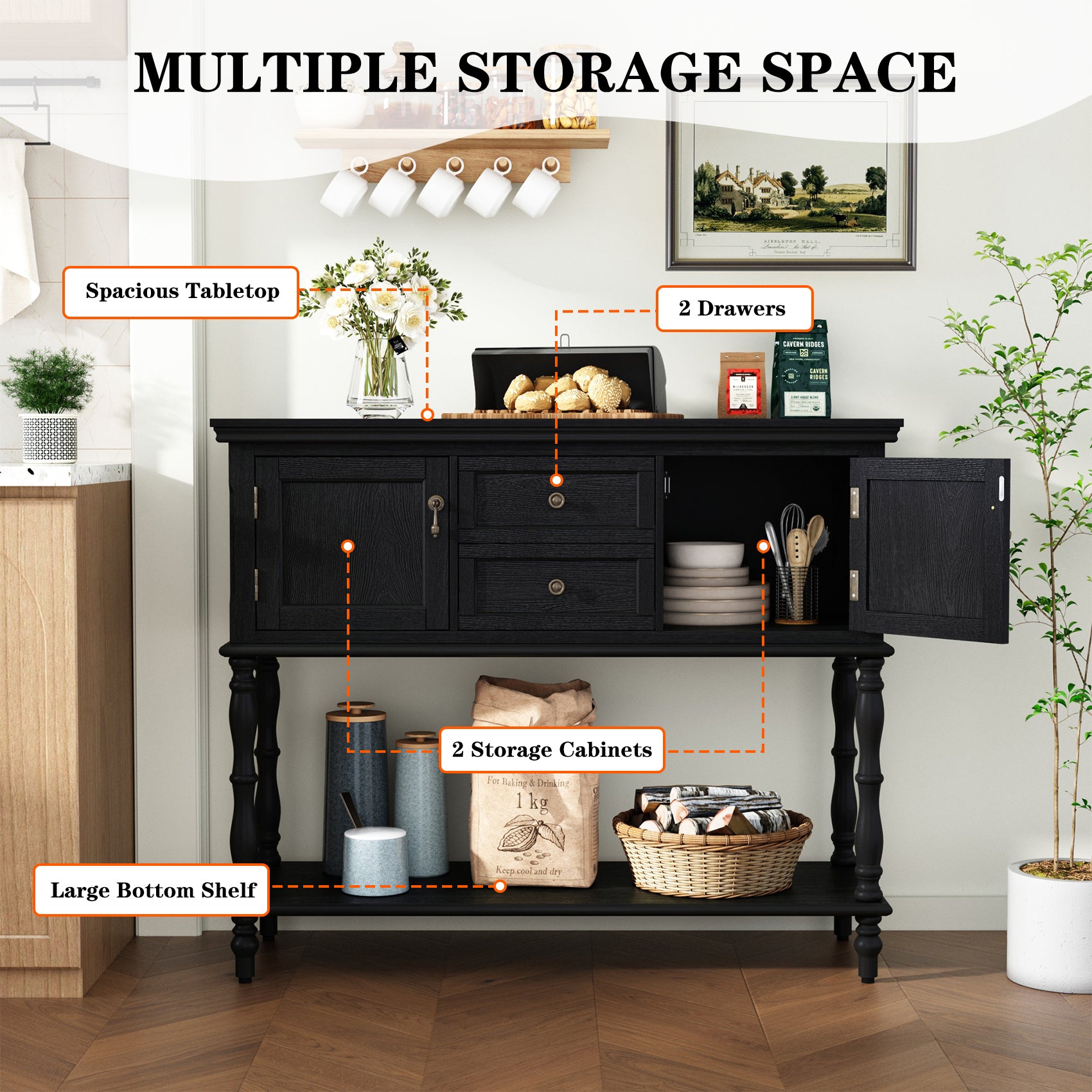 HLR 42" Farmhouse Modern Console Table, Entryway Table with Storage Shelf for Living Room, Black