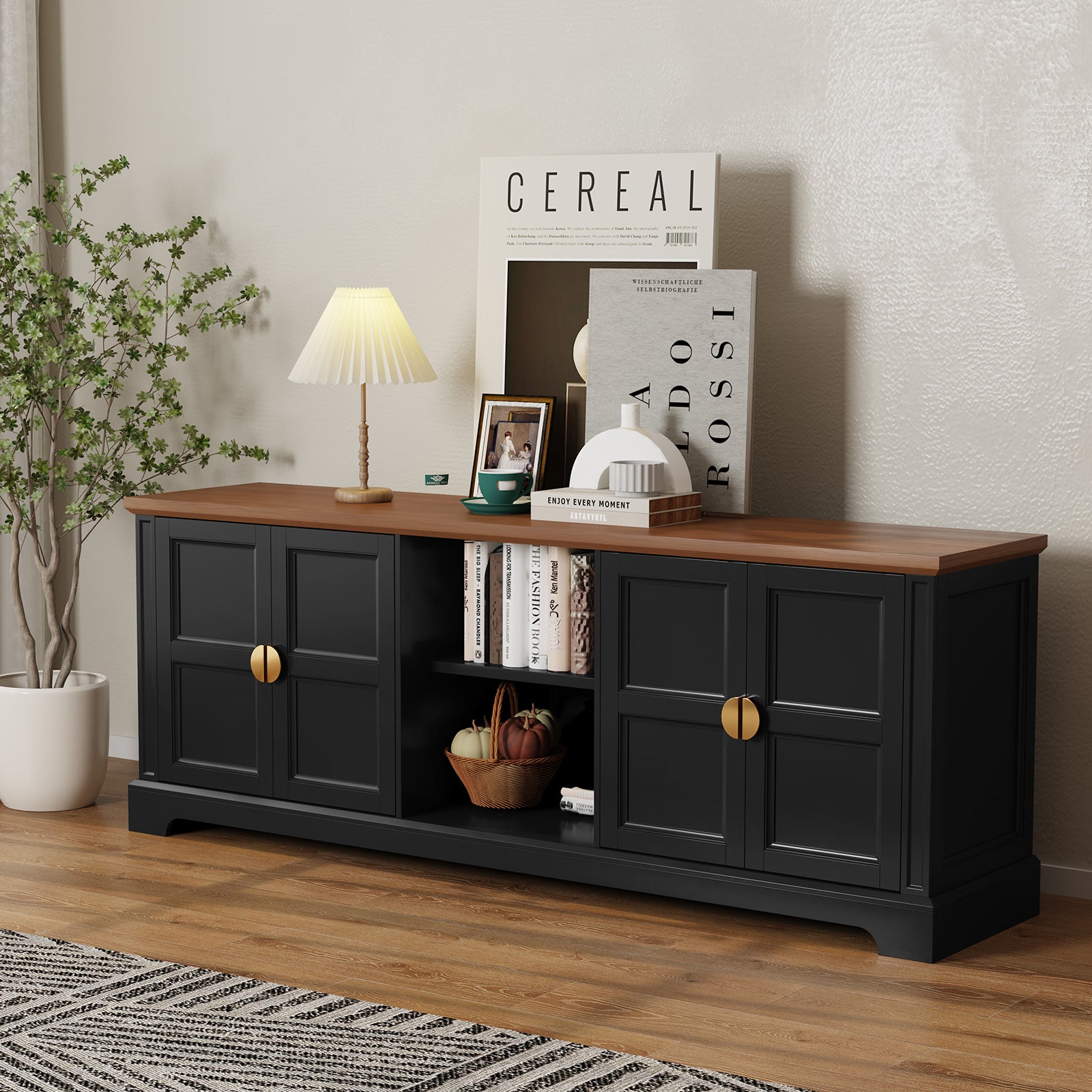 HLR Black 67" Modern Farmhouse TV Stand, Wood Entertainment Center for 75 In TV for Living Room