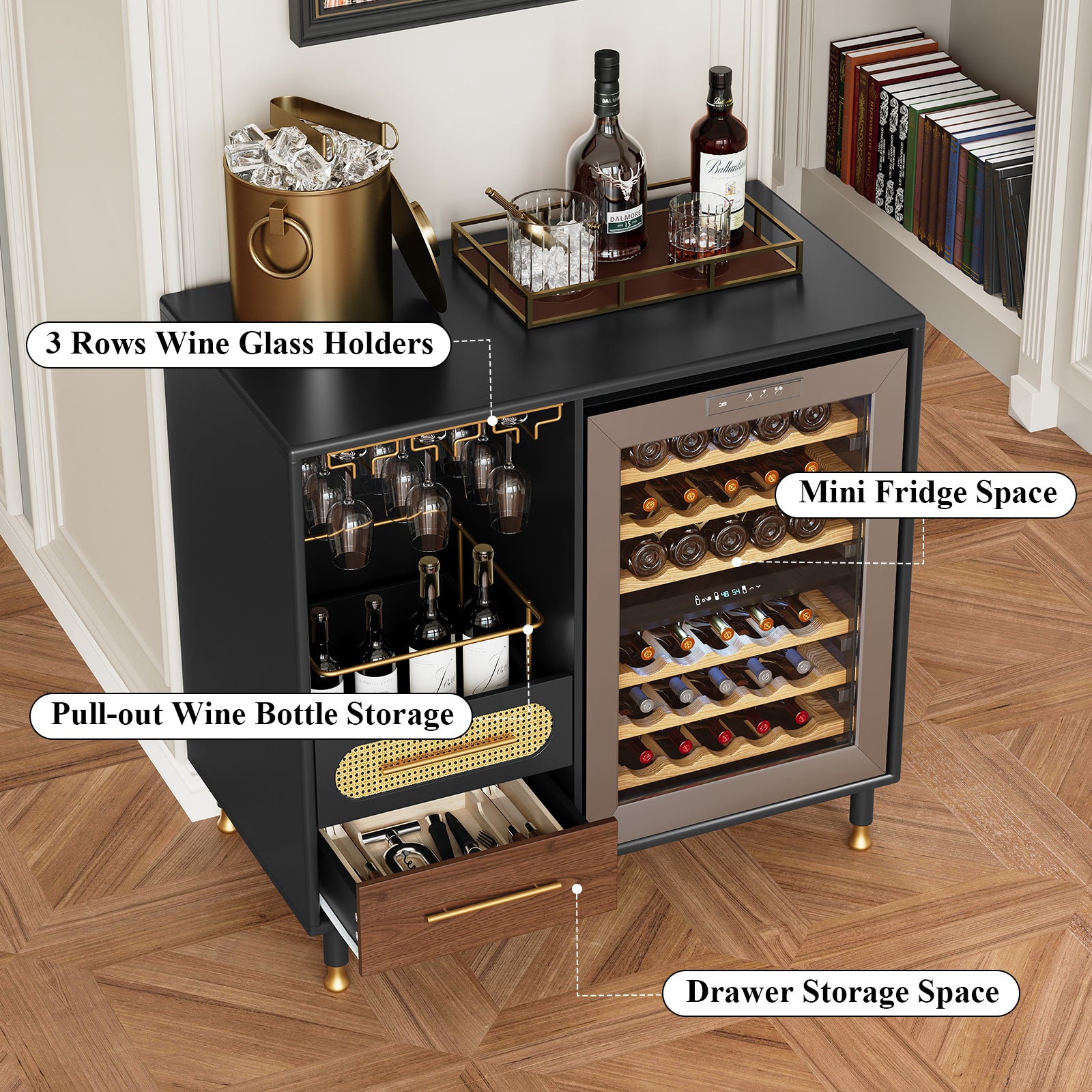 HLR Modern Coffee Bar Cabinet with Space for Mini Fridge and Rattan Drawer, Black