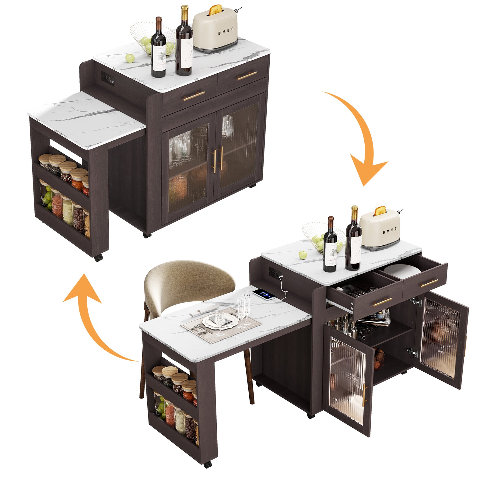 CBJCBJ Kitchen Island with Storage | Expandable Retractable on Wheels 71.65" L| Space-Saving of Island Cart Brown