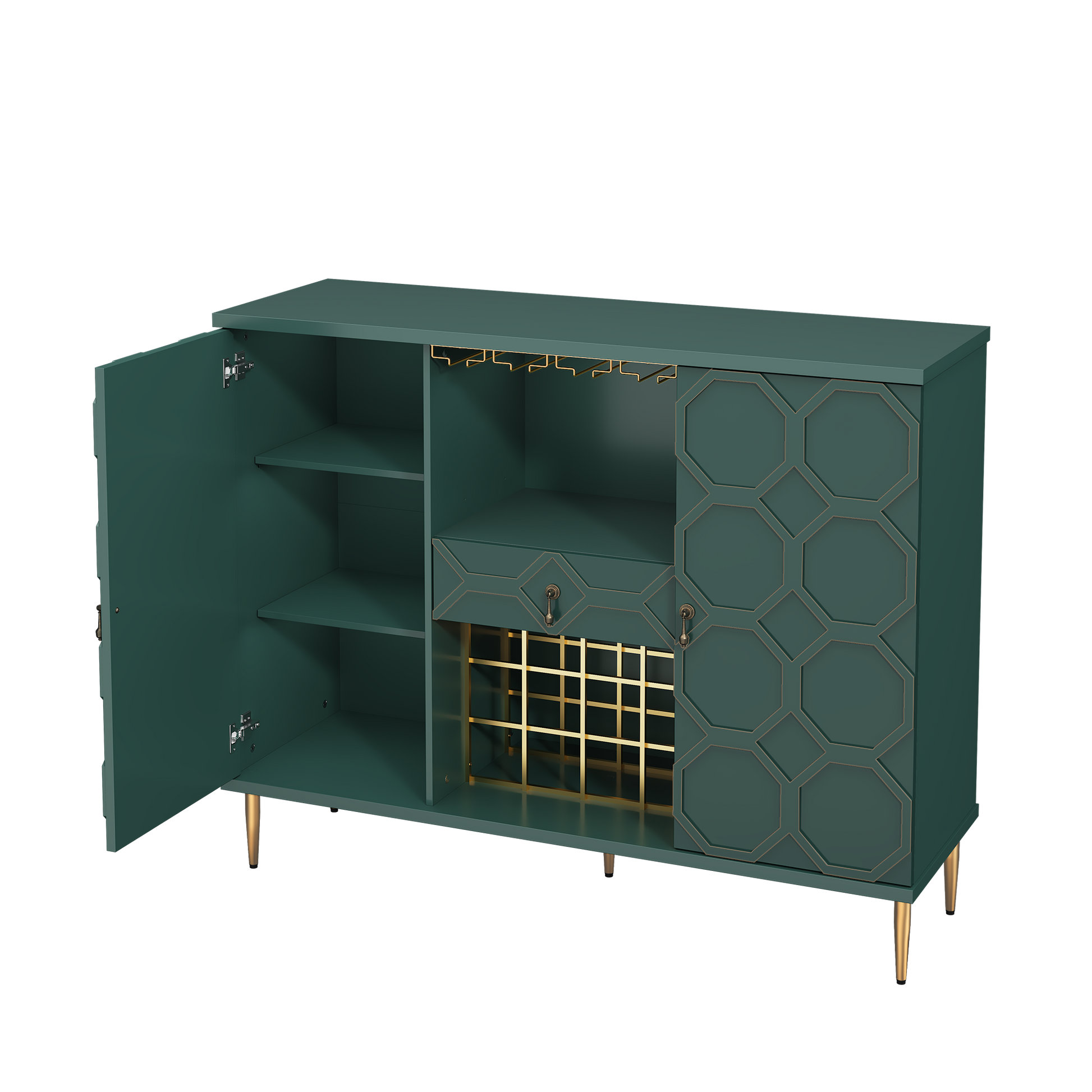 HLR Modern 47.2" Wine Bar Cabinet with Drawer, Geometric Door Buffet Sideboard Coffee Bar for Kitchen