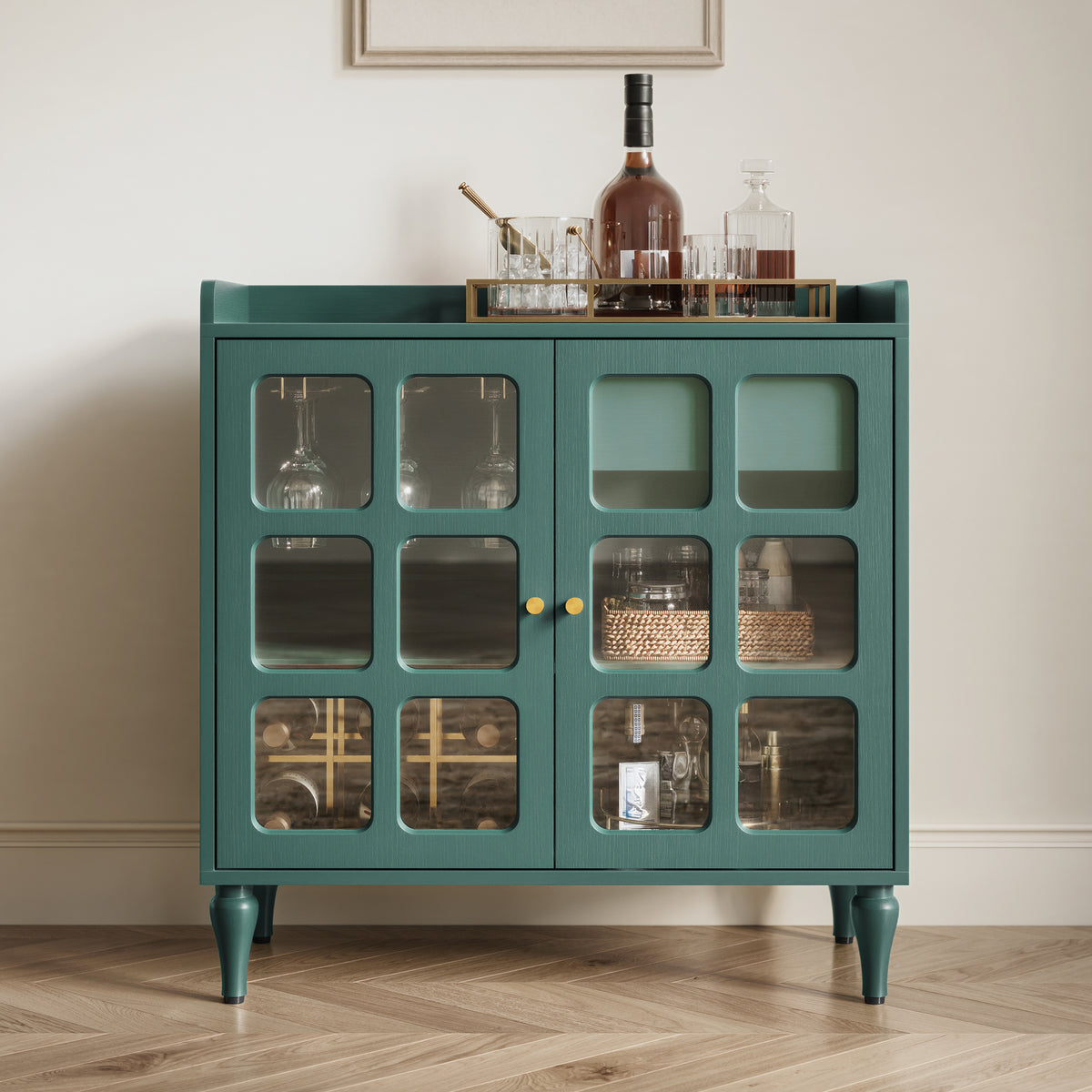 CBJCBJ Modern Wine Cabinet with Power Outlet and Glass Doors Sideboard Storage for Dining and Living Room,Green