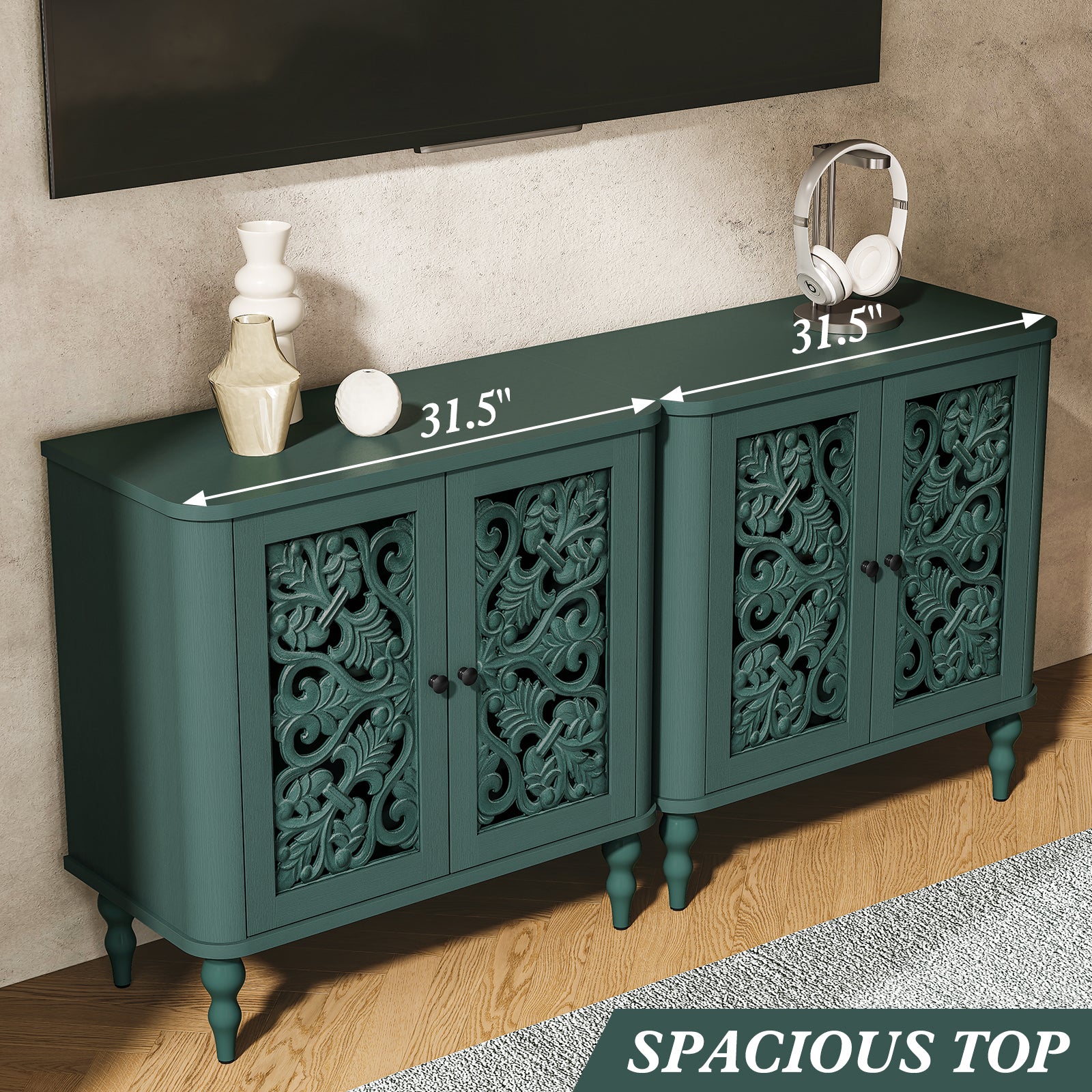 HLR 31.5"W Mid Century Rounded Corners Sideboards Buffets Cabinet with 2 Doors Storage for Kitchen Dining, Green