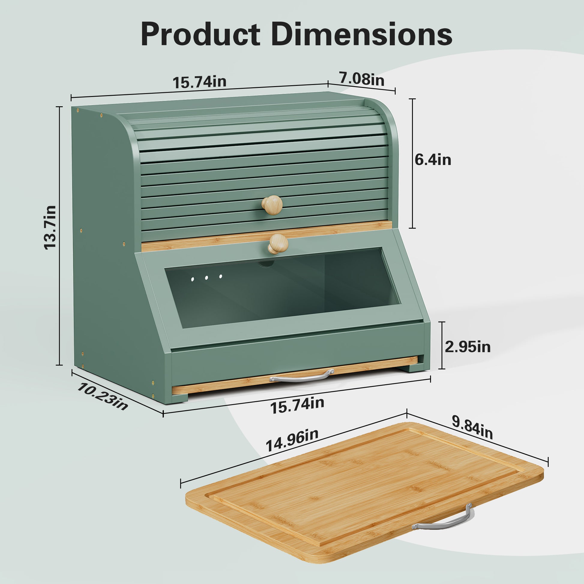CBJCBJ Natural Bamboo Bread Box with Cutting Board and Roll Top, 2-Tier Large Wood Bread Bin for Kitchen,Green