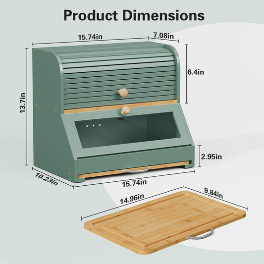 CBJCBJ Natural Bamboo Bread Box with Cutting Board and Roll Top, 2-Tier Large Wood Bread Bin for Kitchen,Green
