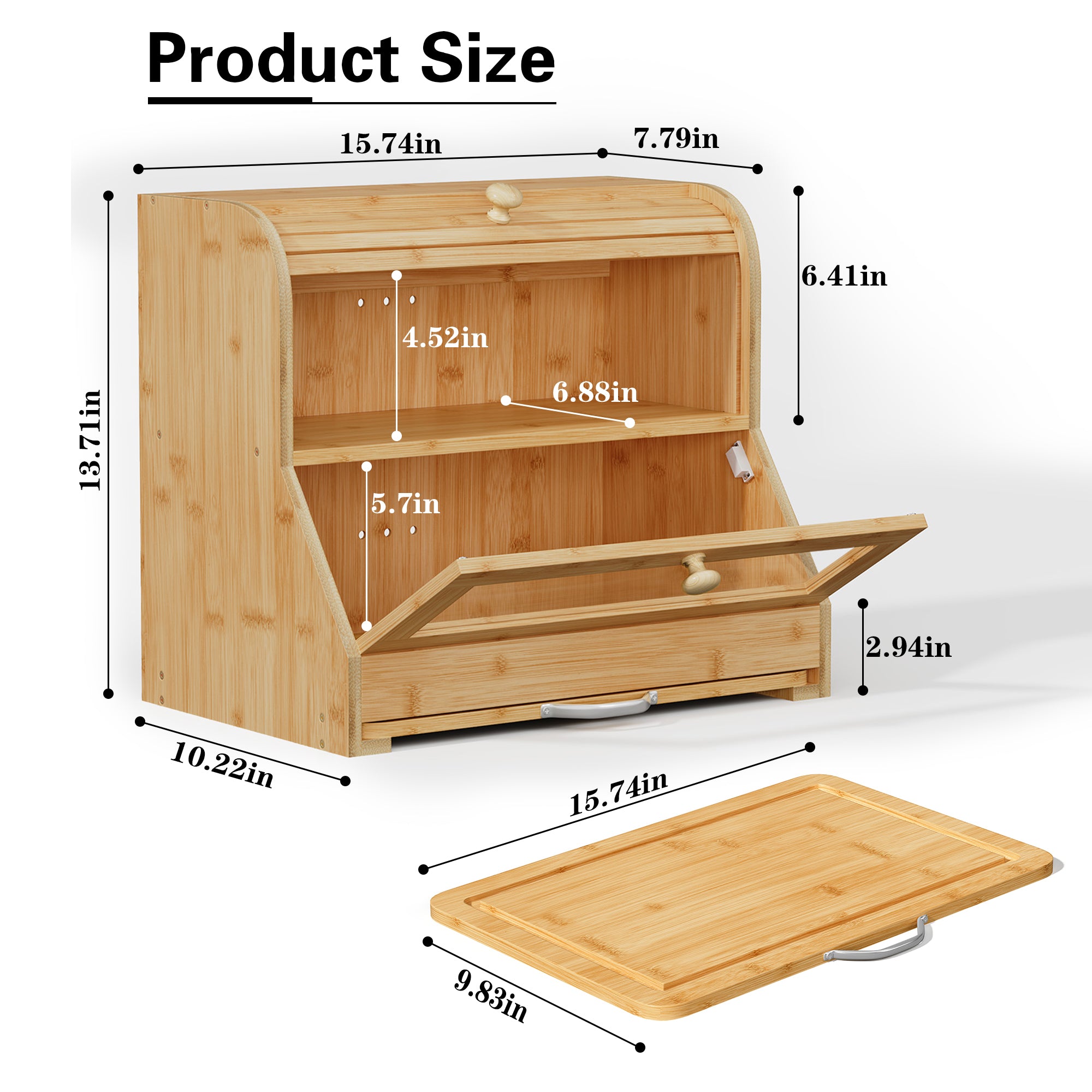 HLR Natural Bamboo Bread Box Kitchen Countertop with Cutting Board and Roll Top, Brown 2-Tier Large Wood Bread Bin