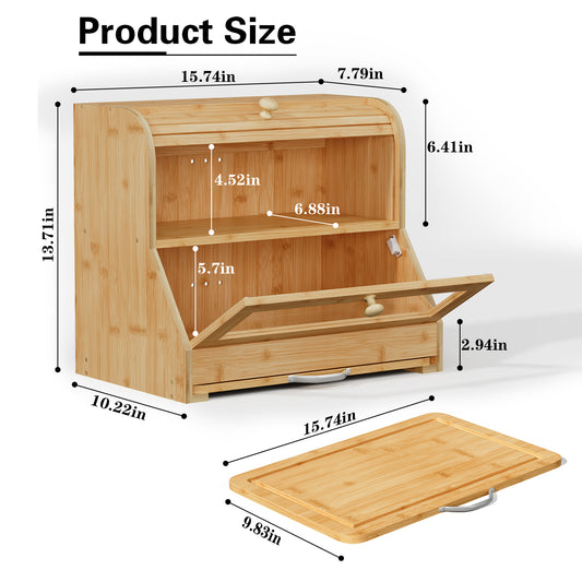 HLR Natural Bamboo Bread Box Kitchen Countertop with Cutting Board and Roll Top, Brown 2-Tier Large Wood Bread Bin