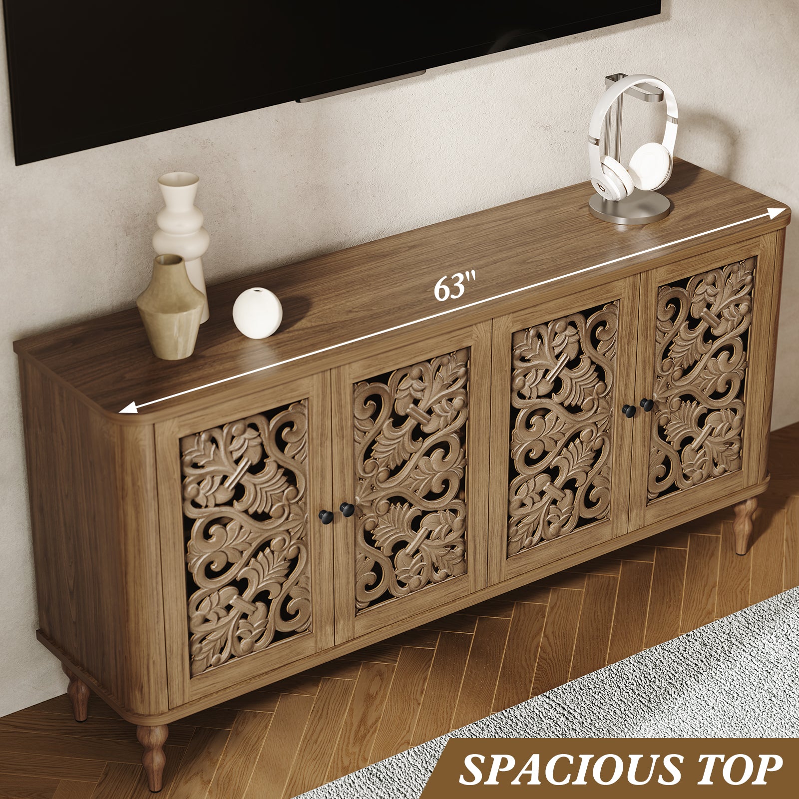 HLR 63" Mid Century Rounded Corners Sideboards Buffets Cabinet with 4 Doors Storage for Kitchen Dining, Brown