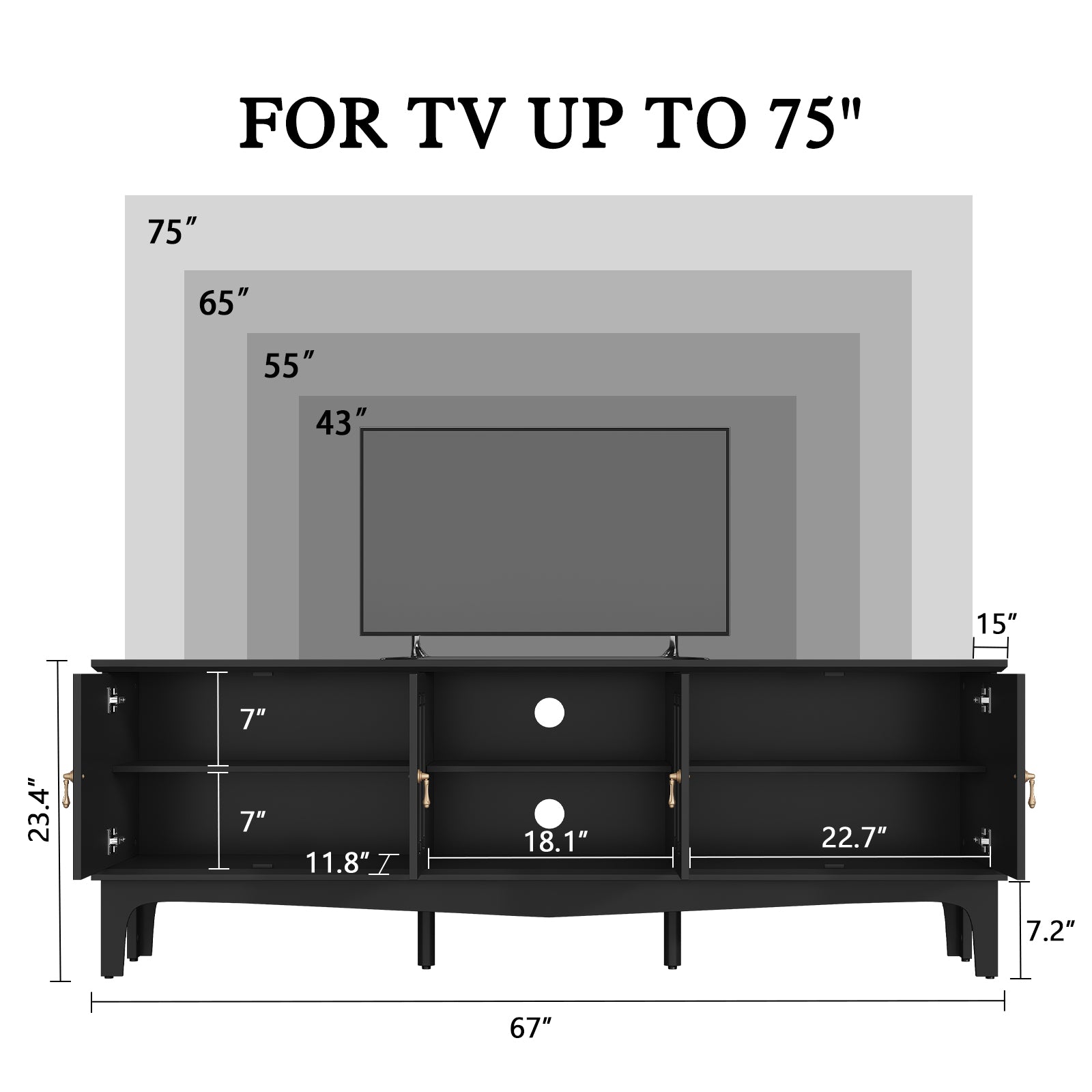 CBJCBJ Retro 67" TV Stand for TVs up to 70", Living Room Entertainment Center with 4 Door Storage Cabinet,Black