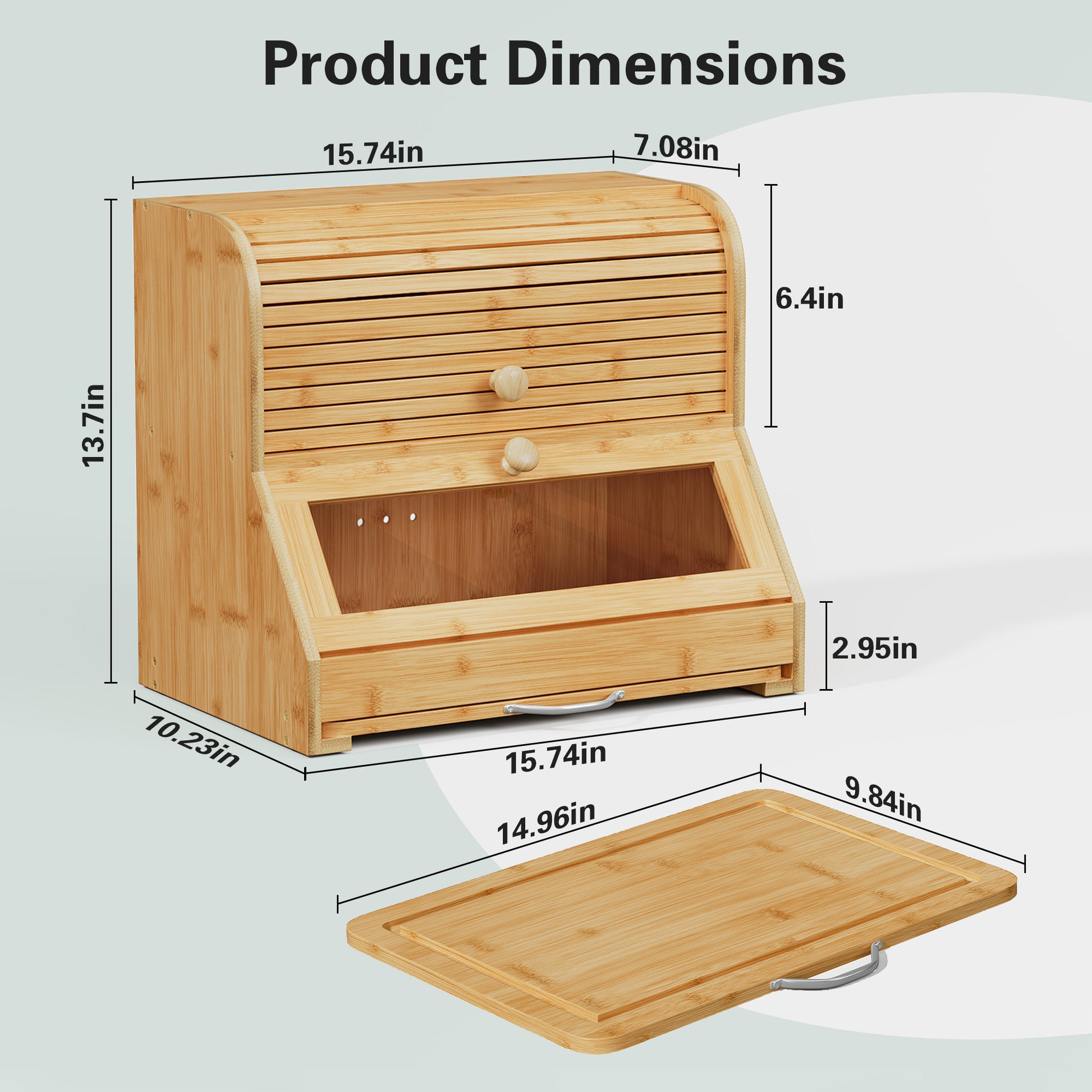 CBJCBJ Natural Bamboo Bread Box with Cutting Board and Roll Top, 2-Tier Large Wood Bread Bin for Kitchen,Wood
