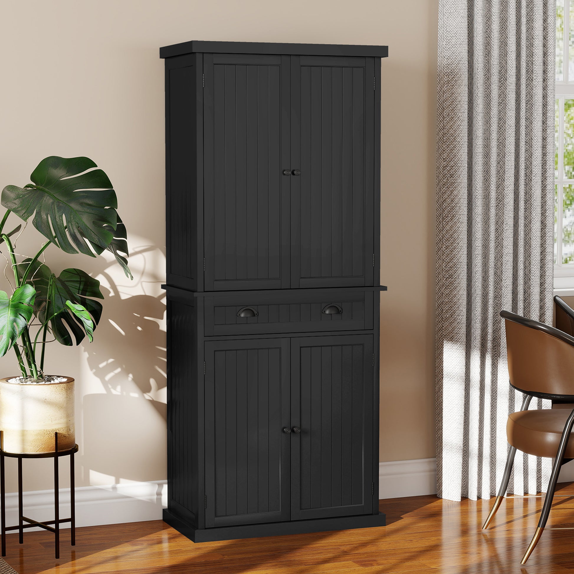 HLR 72" Utility Pantry Storage Cabinet, Tall Cupboard with Door Shelves and Drawer for Kitchen, Black