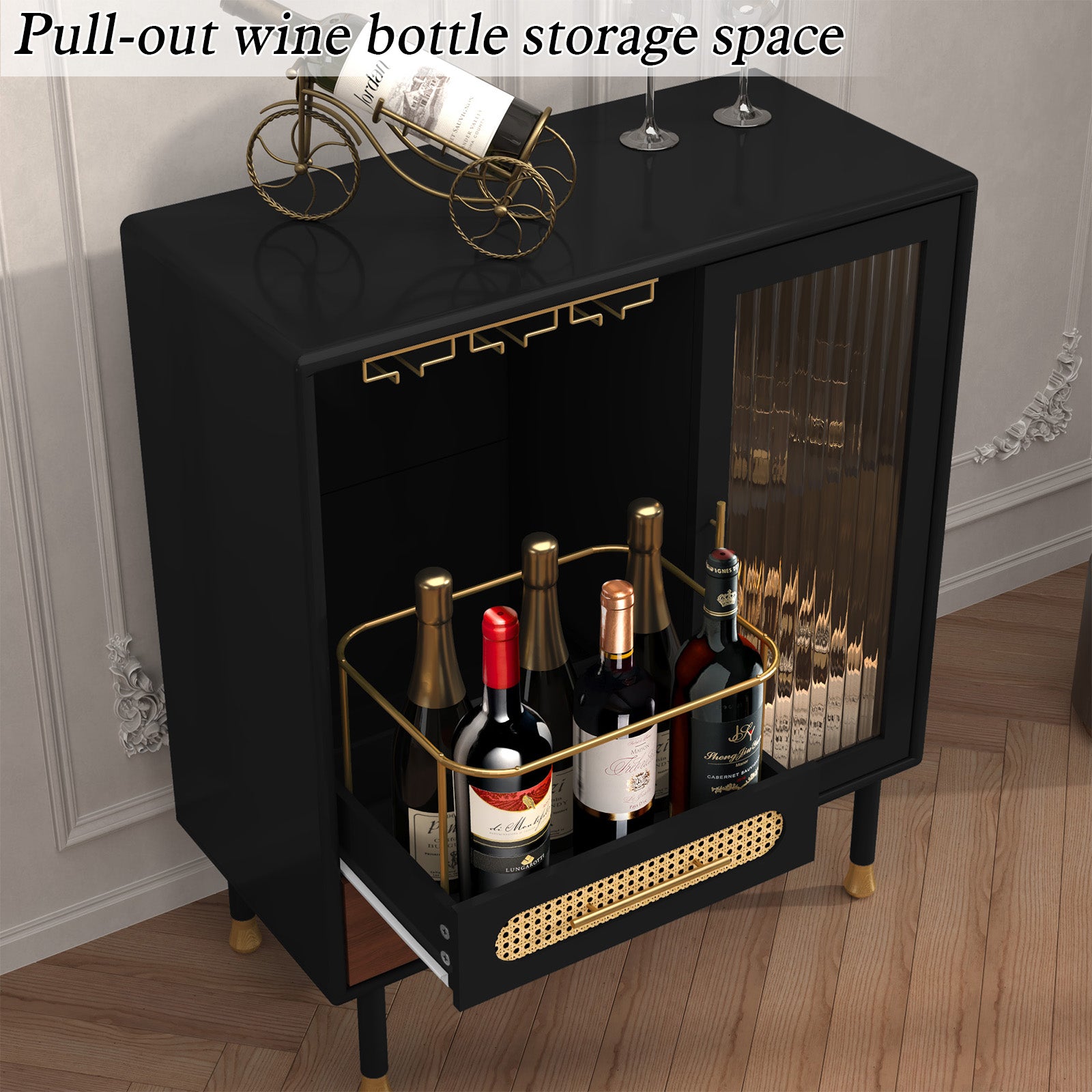 CBJCBJ Modern Coffee Bar Cabinet with Storage, Wine Cabinet with Glass Racks, Sideboard for Living Room,Black
