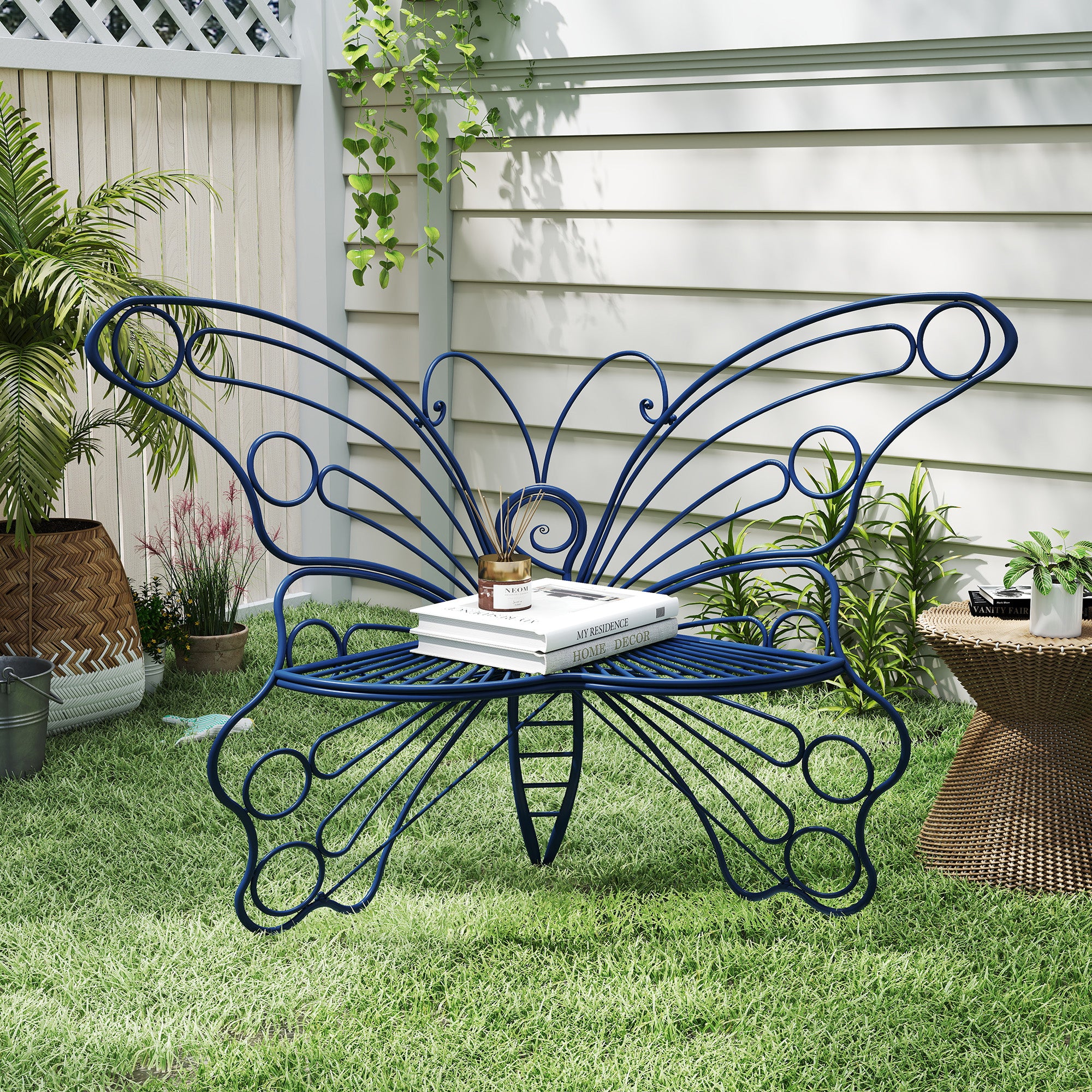 CBJCBJ 50" Weatherproof Outdoor Patio Bench，Metal Butterfly Design for Garden and Lawn Porch， Navy