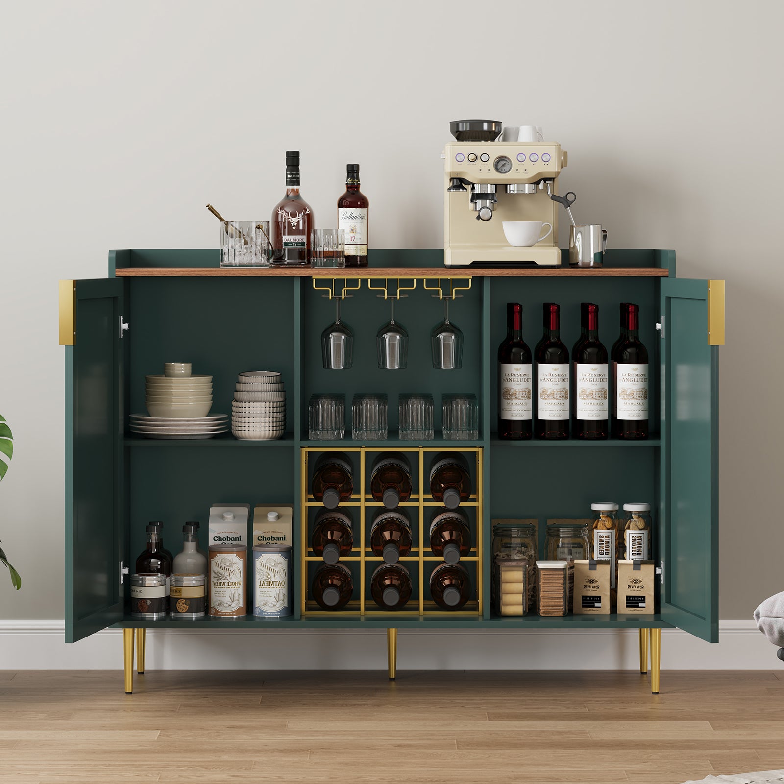 HLR 47.2" Coffee Wine Bar Cabinet with 2 Door, Modern Buffet Sideboard Table for Dining Room, Green