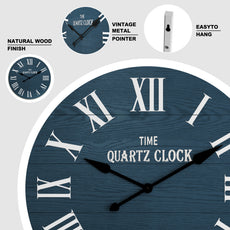 CBJCBJ 35.5” Farmhouse Large Shiplap Round Wall Clock with Roman Numeral for Living Room Decor, Blue