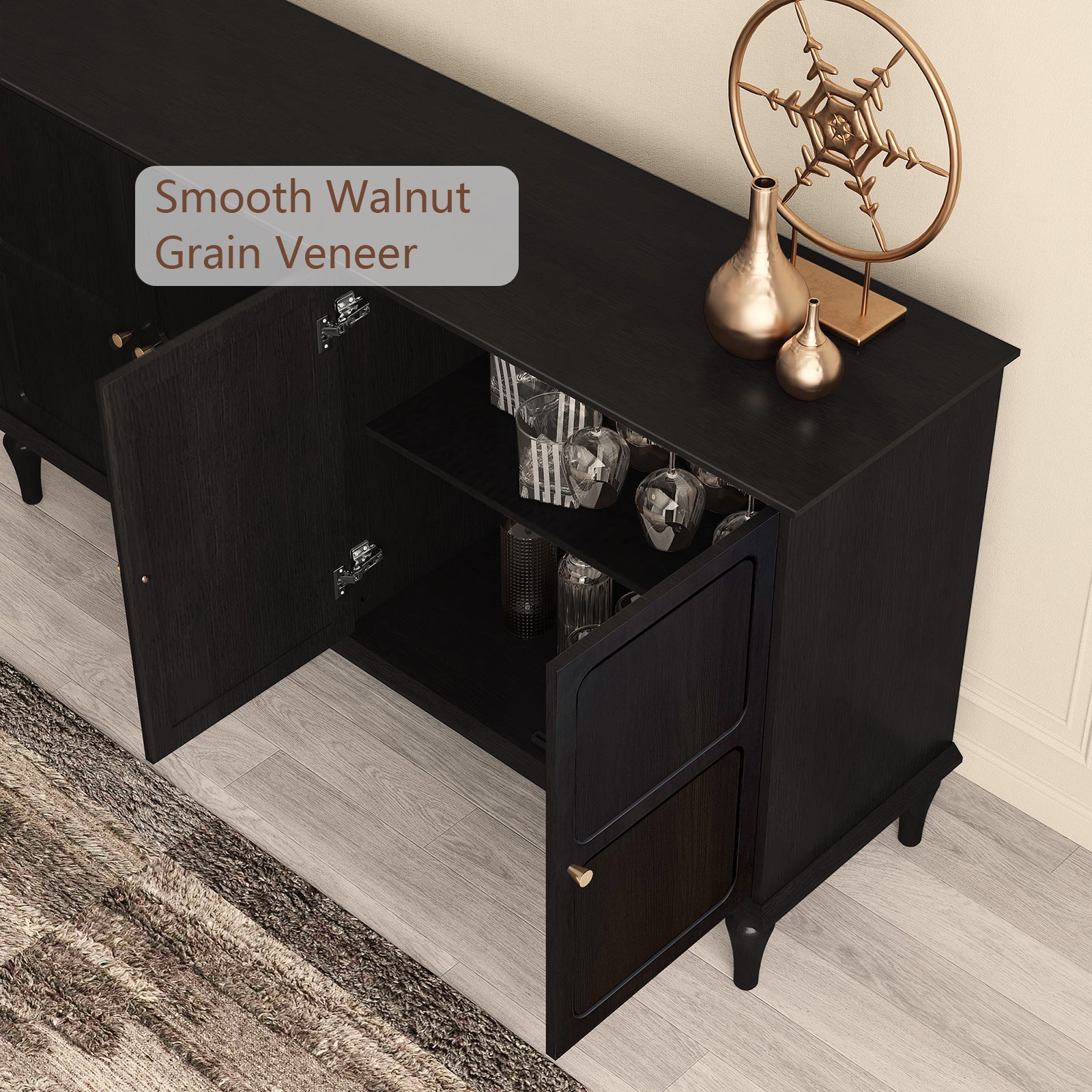 CBJCBJ Mid-Century 58'' Wood 4 Door Sideboard Buffet Cabinet for Living Dining & Bedroom (Black)