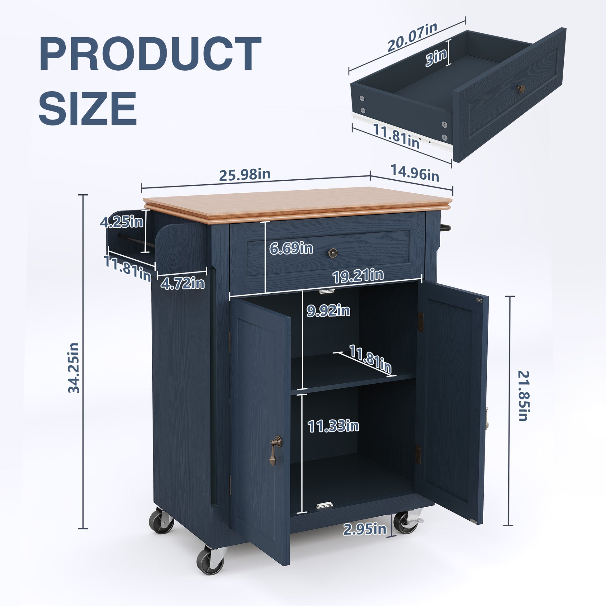 CBJCBJ Kitchen Islands Cart on Wheels with Storage, Wood Microwave Table with Drawers and Spice Box , for Dining Room,Blue