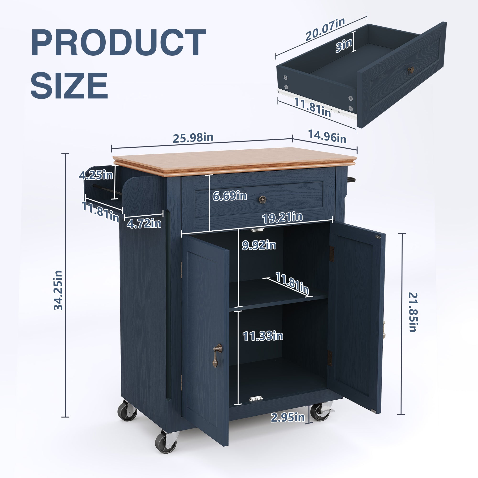 CBJCBJ Kitchen Islands Cart on Wheels with Storage, Wood Microwave Table with Drawers and Spice Box , for Dining Room,Blue