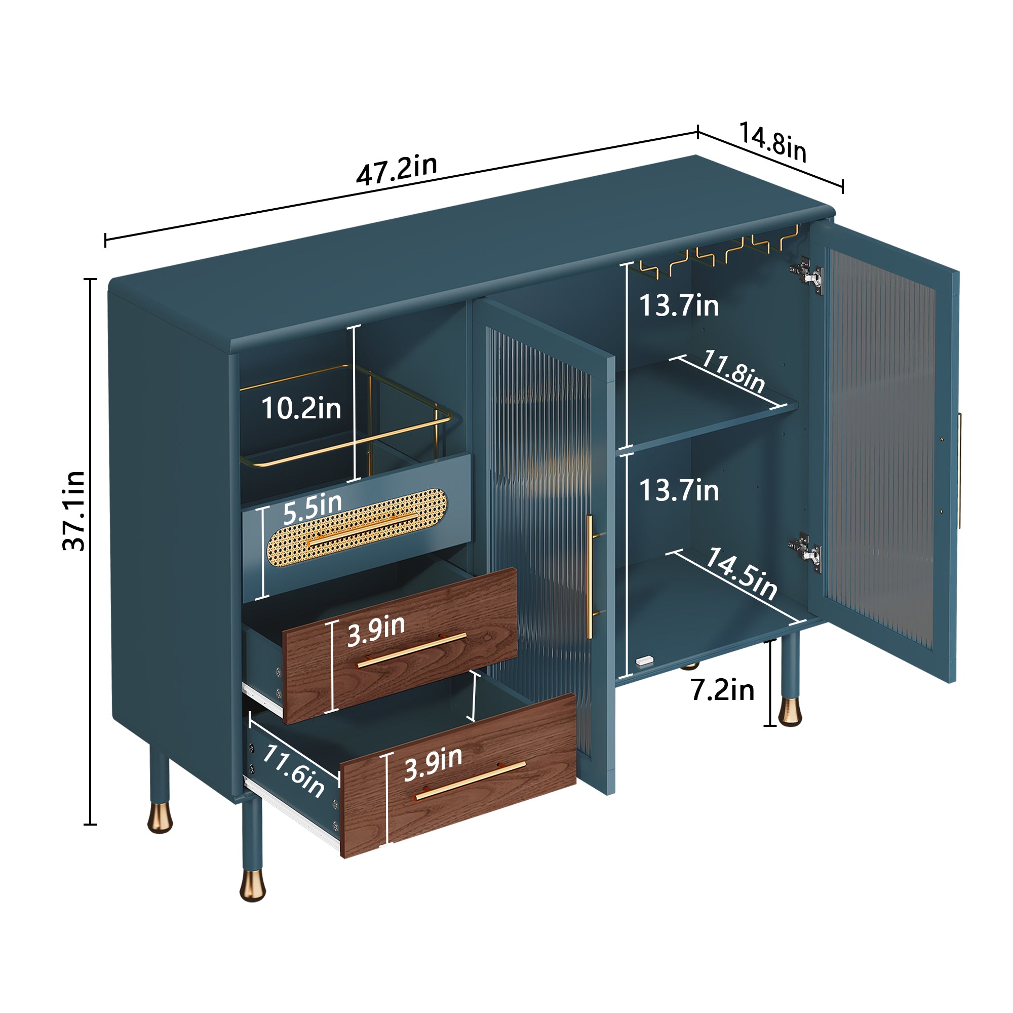 HLR 47.2" Coffee Wine Bar Cabinet with 2 Glass Doors, Modern Buffet Sideboard Table for Dining Room, Blue