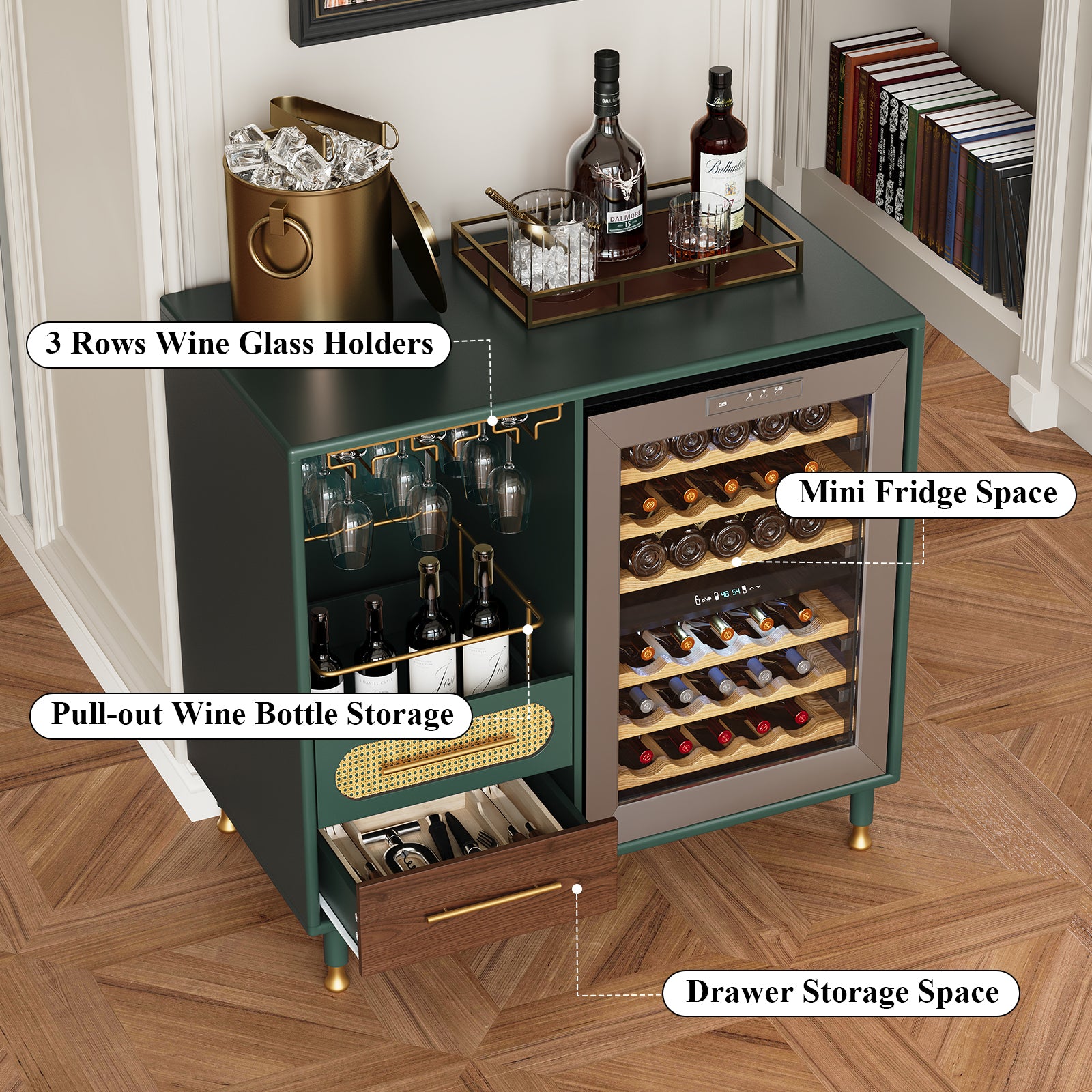HLR Modern Coffee Bar Cabinet with Mini Fridge Space and Rattan Drawer for Dining Room, Green