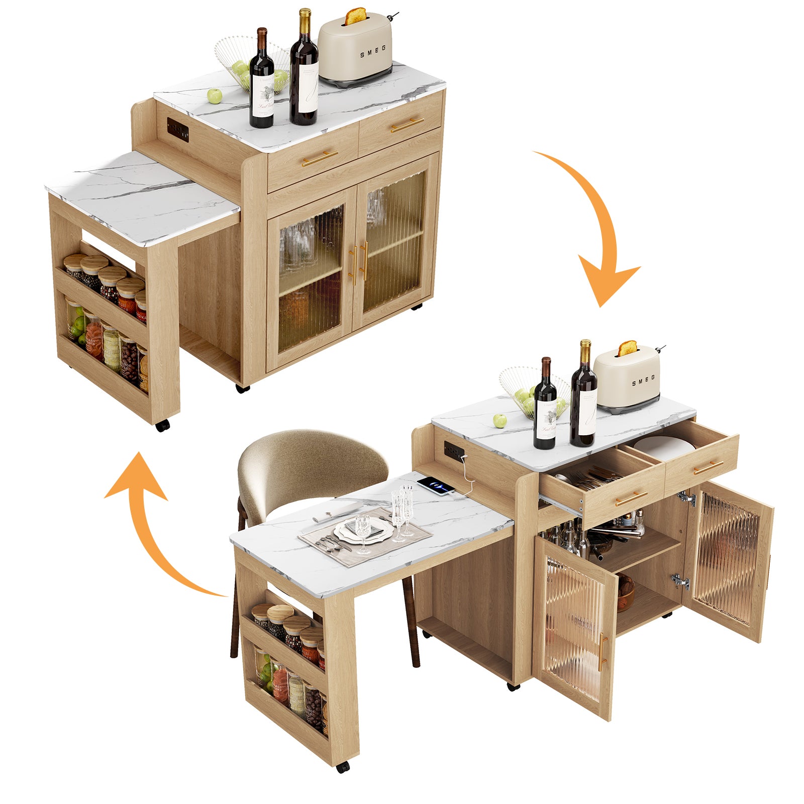 CBJCBJ Kitchen Island with Storage | Expandable Retractable on Wheels 71.65" L | Space-Saving of Island Cart, Beige