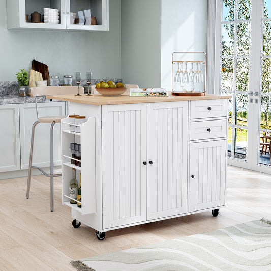 CBJCBJ 50.4" Kitchen Island with Storage, Wood Top Cart with Drop Leaf and Wheels, White