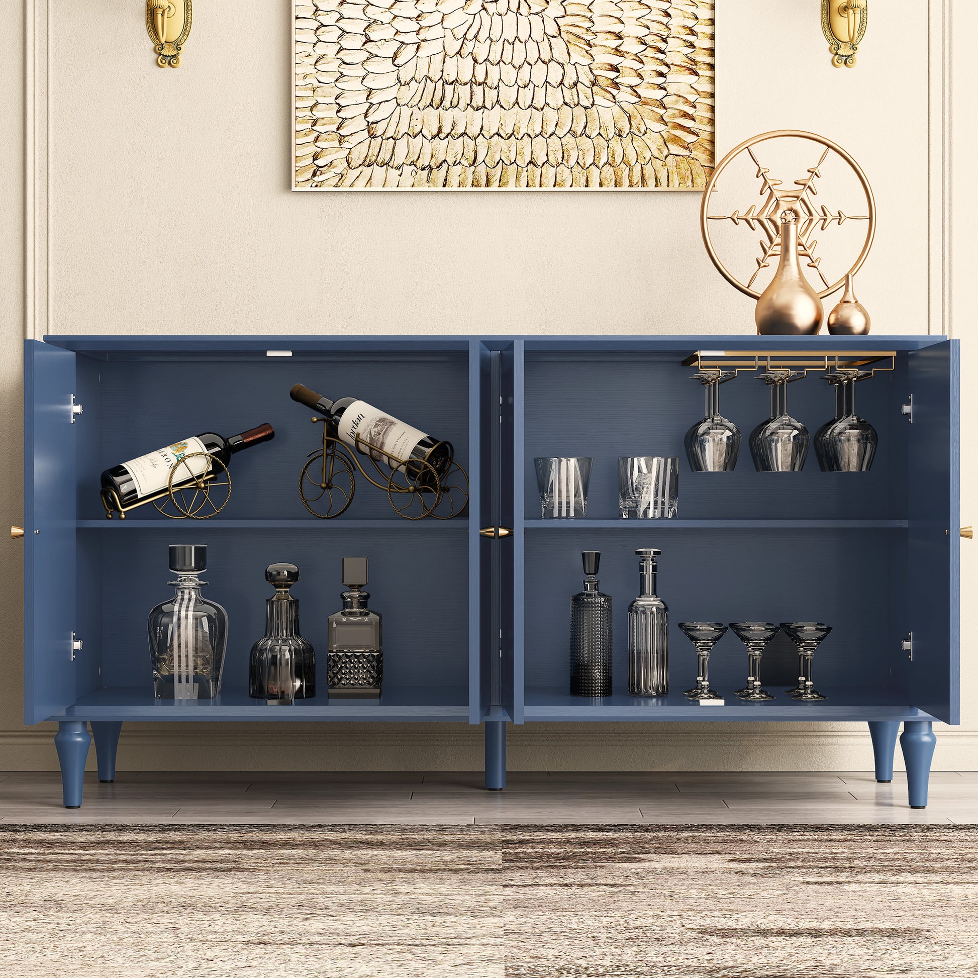 HLR Mid Century 58" Wood 4 Door Sideboard Buffet Cabinet with Storage for Living Dining (Navy Blue)
