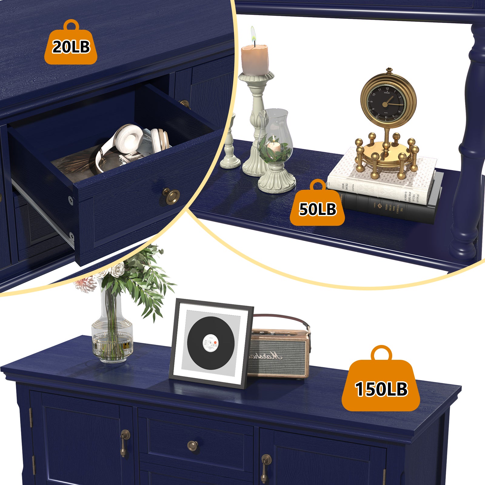 HLR 42" Farmhouse Modern Console Table, Entryway Table with Storage Shelf for Living Room, Navy Blue