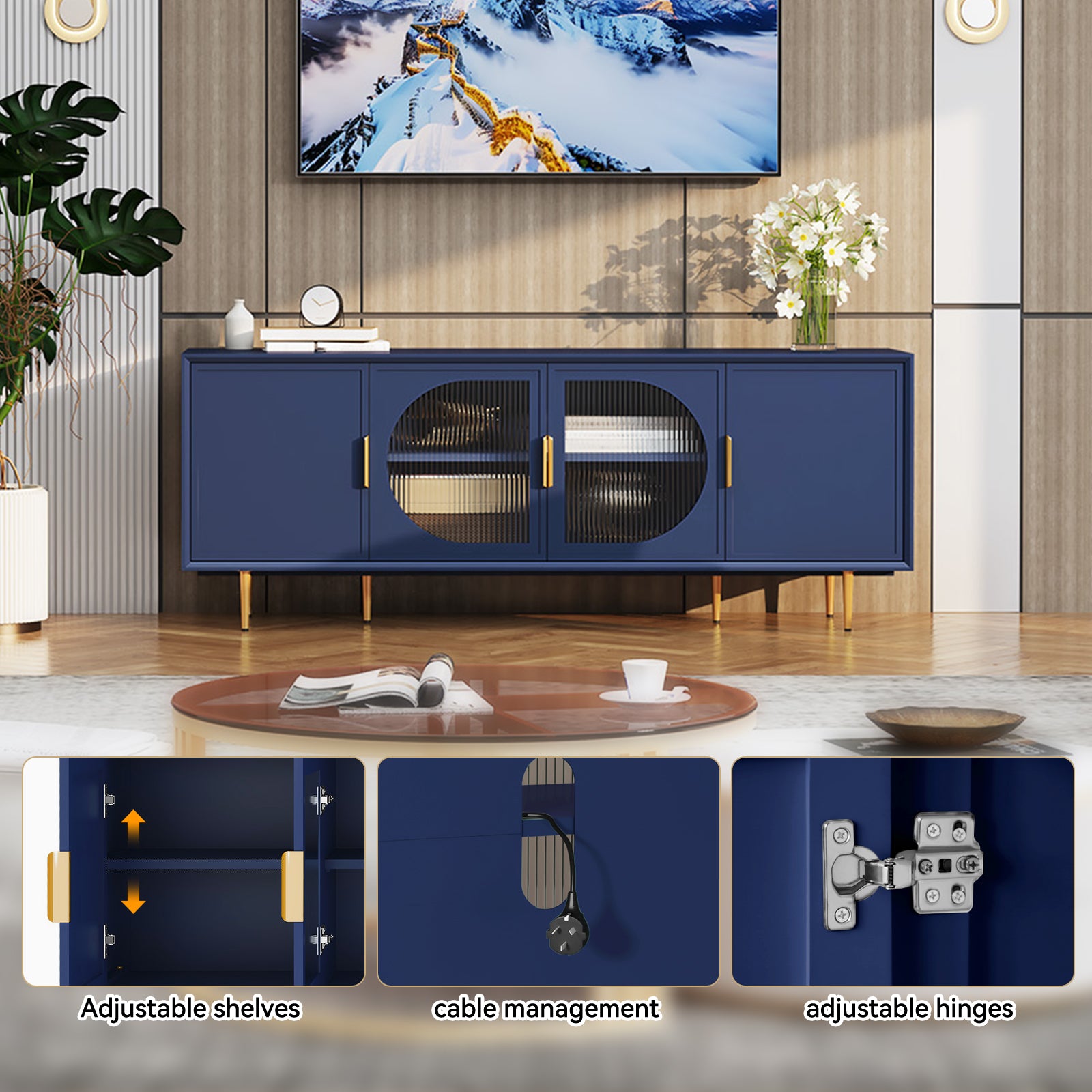 HLR Modern 66" TV Stand, for TVs up to 75", Living Room Entertainment Center with Glass Storage Cabinet, Blue