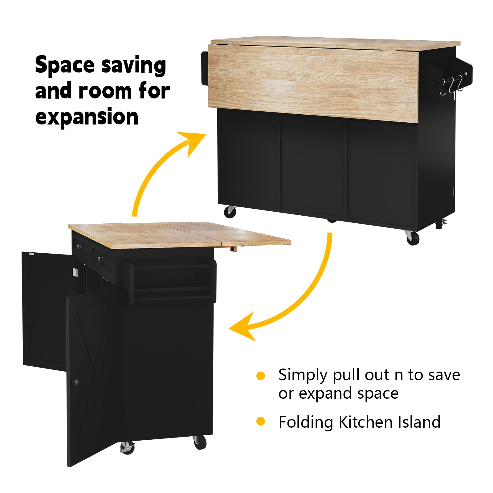 CBJCBJ 51.7" Rolling Kitchen Island Foldable, Adjustable Shelf & 2 Storage Doors - Mobile Kitchen Cart, Breakfast Bar with Storage (Black)