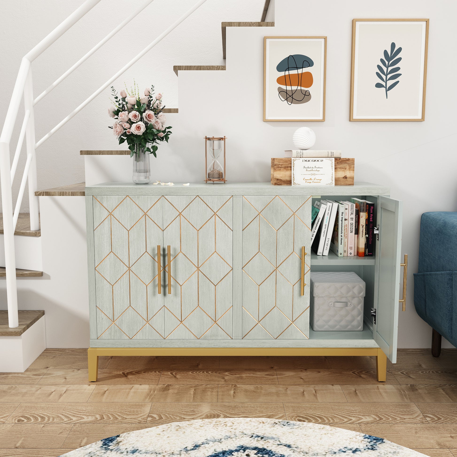 HLR 48" Modern Wood Credenzas & Sideboards with Gold Trim, Storage Cabinet with 4 Doors, Green