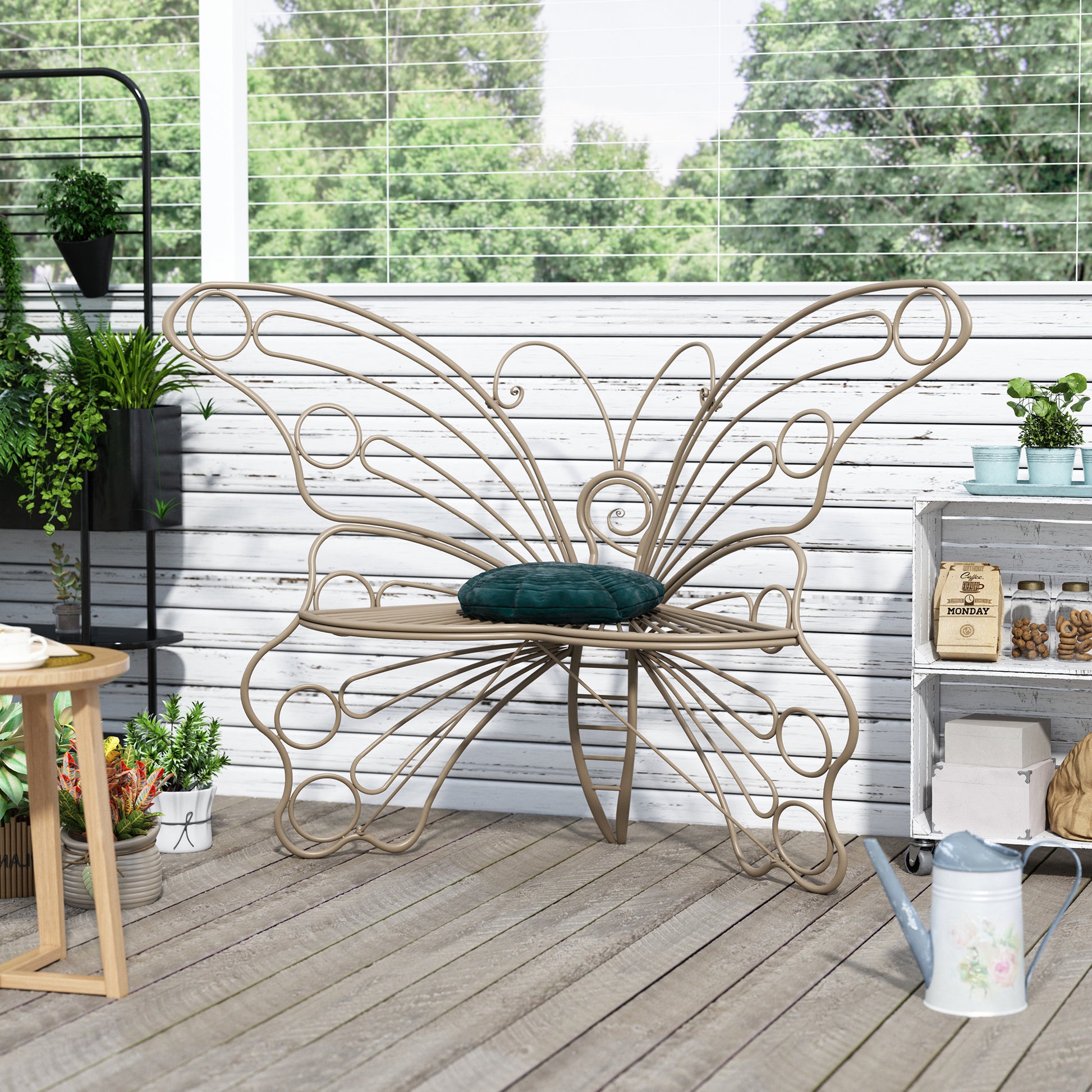 HLR Outdoor Bench with Butterfly Inspired Pattern, 50" Metal Frame Patio Garden Chair Cast Iron, Brown