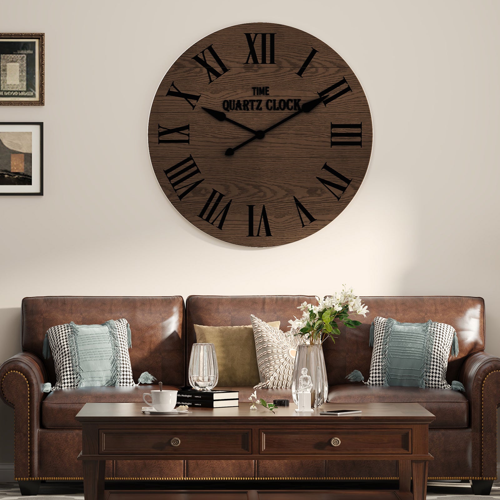 HLR 35.5” Farmhouse Large Shiplap Round Wall Clock with Roman Numeral for Living Room Decor, Brown