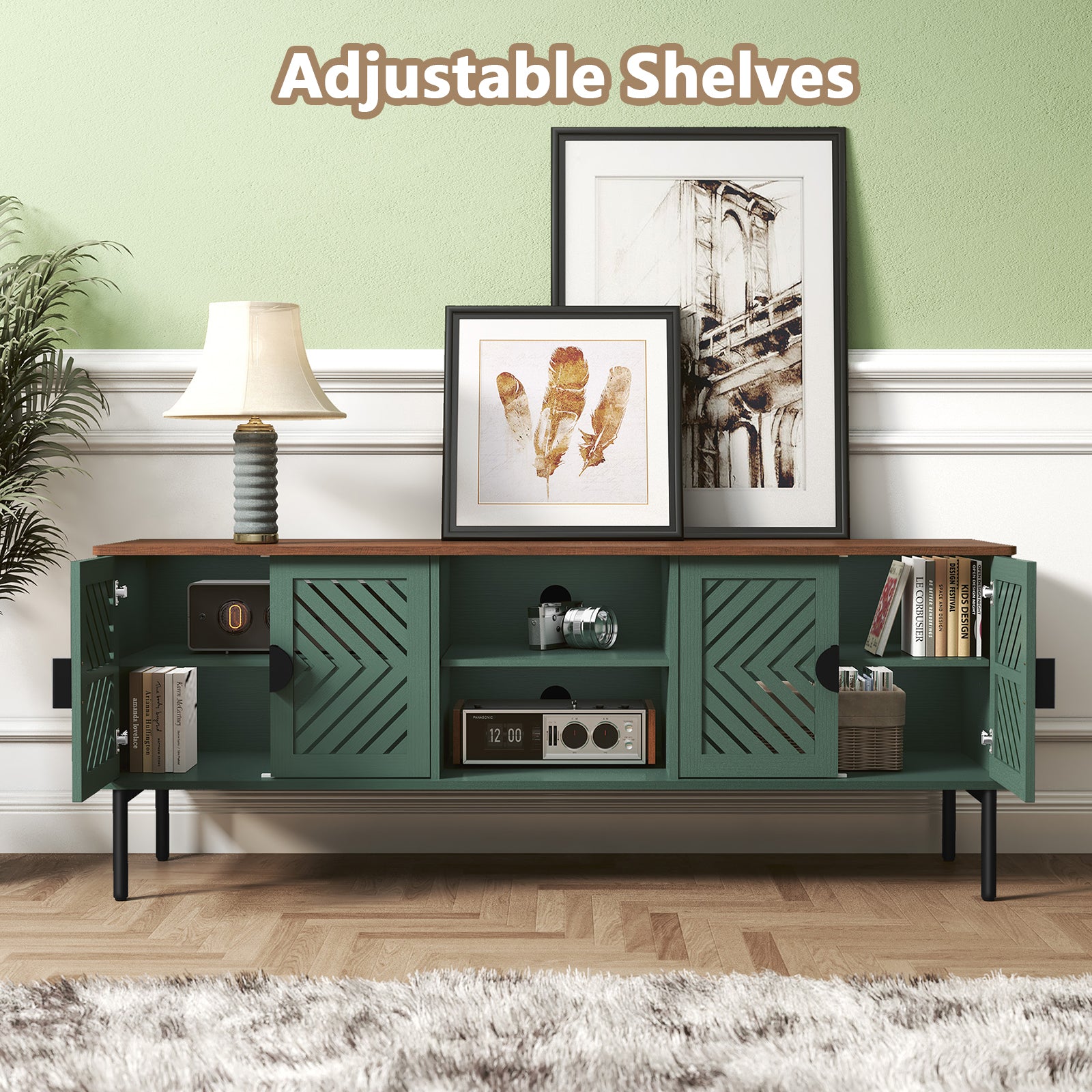 HLR Mid Century Modern 63" TV Stand for 75 inch TV with Storage, Entertainment Center for Living Room, Green