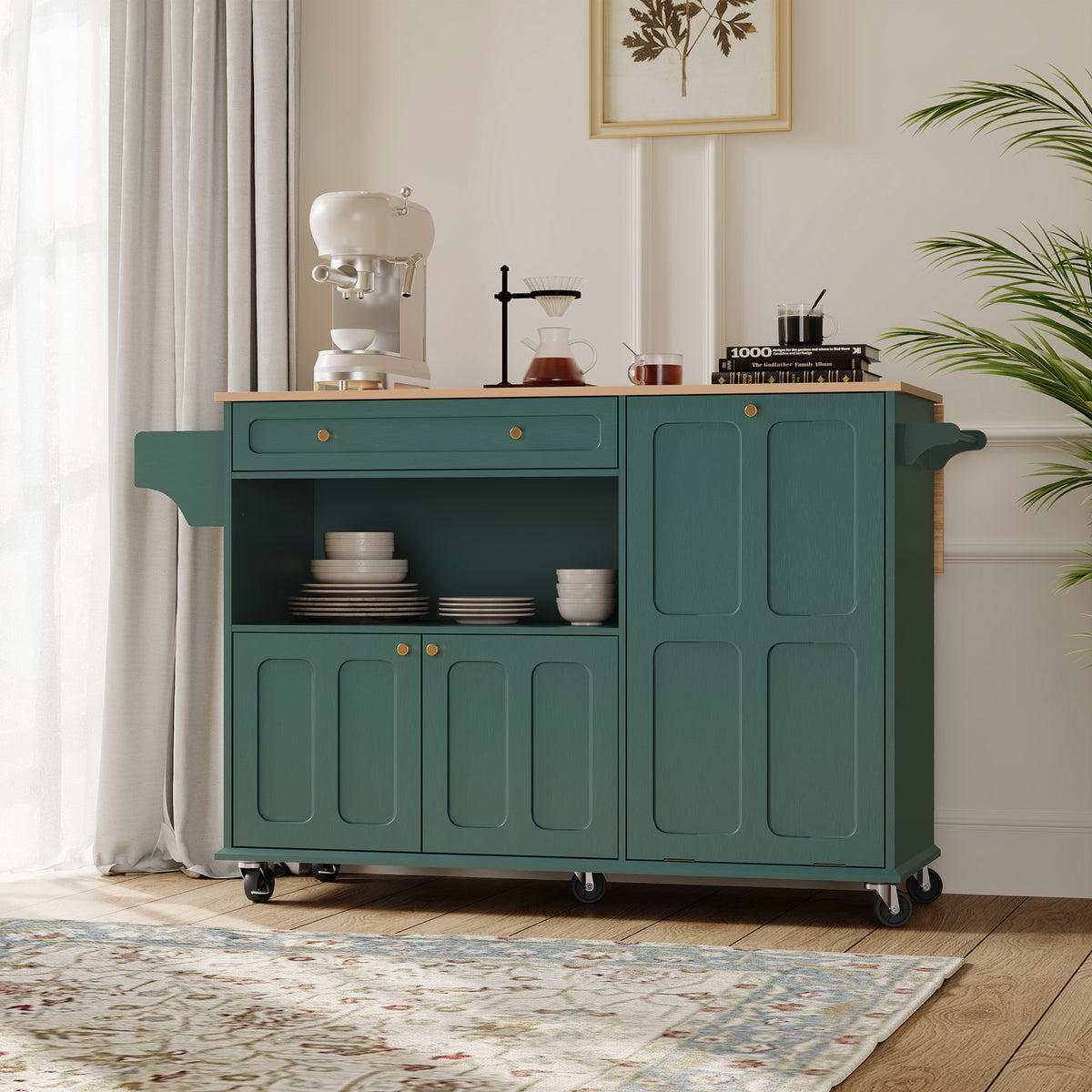 HLR Mid-Century 60" Kitchen Island with Trash Can Storage, Rolling Island Table, Green