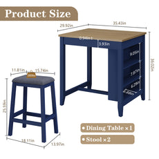 HLR Farmhouse Dining Table Set for 2, Small Kitchen Table Chairs Set of 2 with Tufted for Apartment, Blue