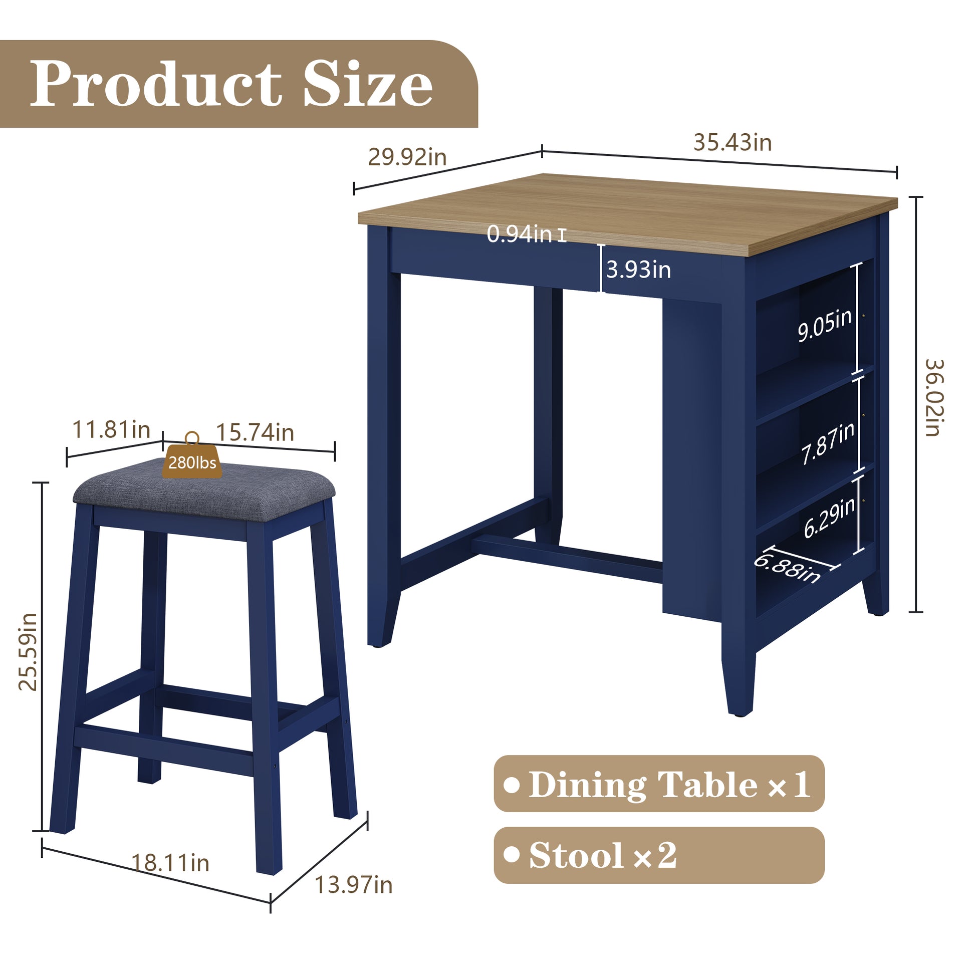 HLR Farmhouse Dining Table Set for 2, Small Kitchen Table Chairs Set of 2 with Tufted for Apartment, Blue