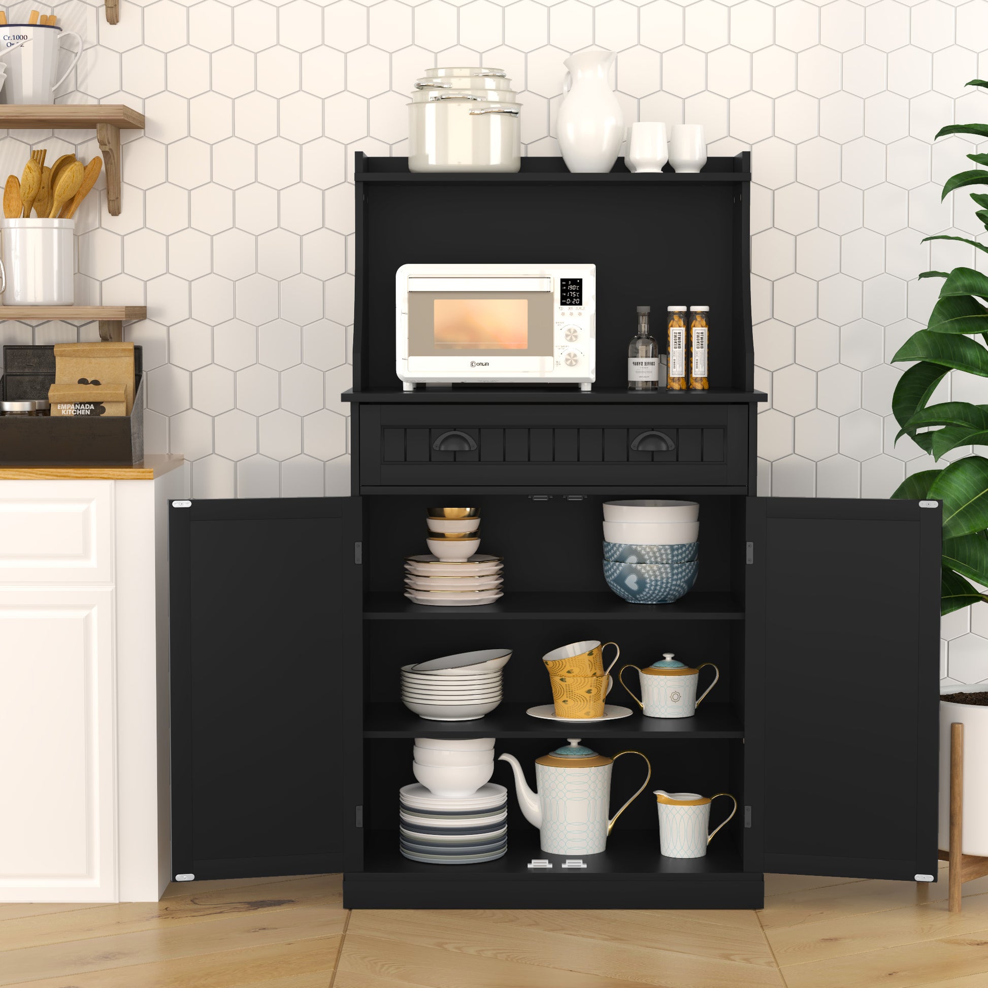 HLR 54" Kitchen Pantry Cabinet with Door & Shelves, Sideboard Buffet Cabinet with Microwave Stand for Dining Room, Black