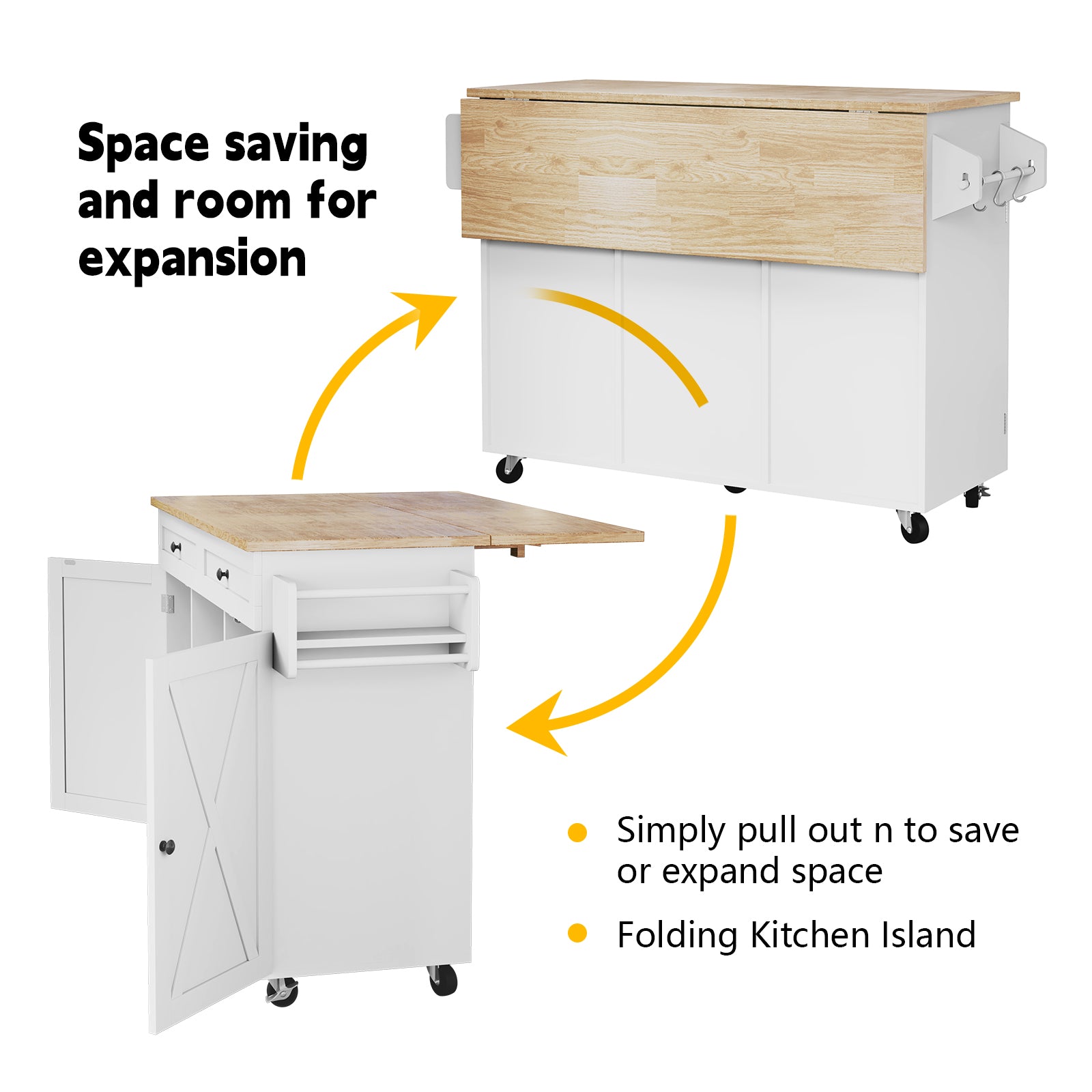 CBJCBJ 51.7" Rolling Kitchen Island Foldable, Adjustable Shelf & 2 Storage Doors - Mobile Kitchen Cart, Breakfast Bar with Storage (White)