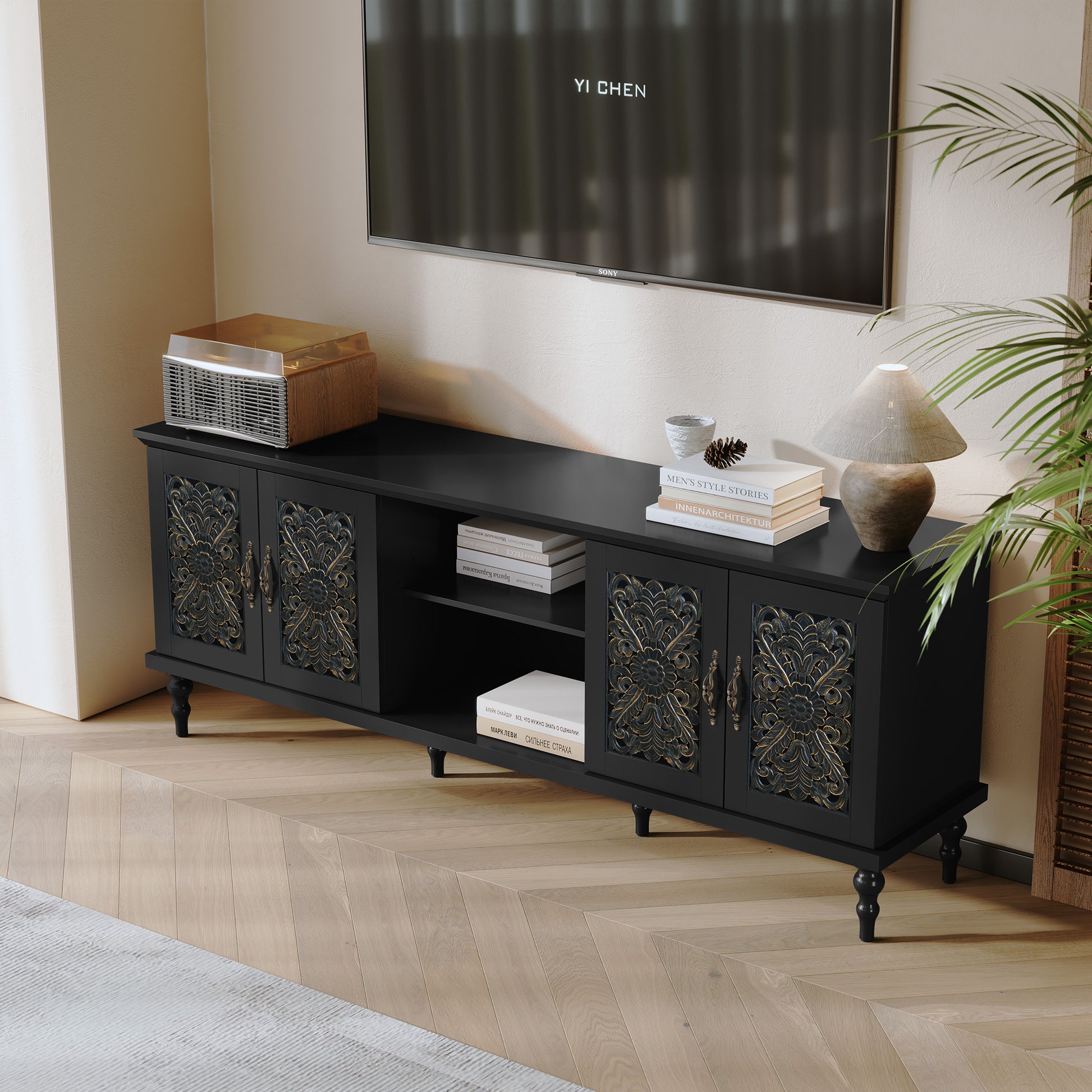 HLR Retro 67" TV Stand, for TVs up to 75", Living Room Entertainment Center with Carved Storage Cabinet, Black