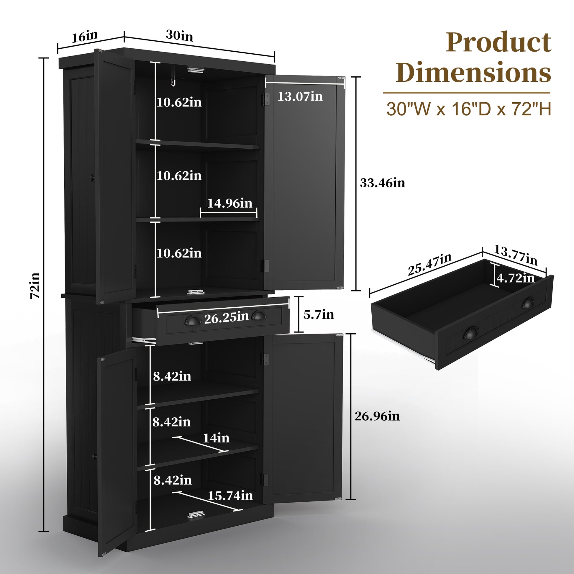 HLR Freestanding Durable Kitchen Pantry Storage Cabinet with Adjustable Shelves, Black